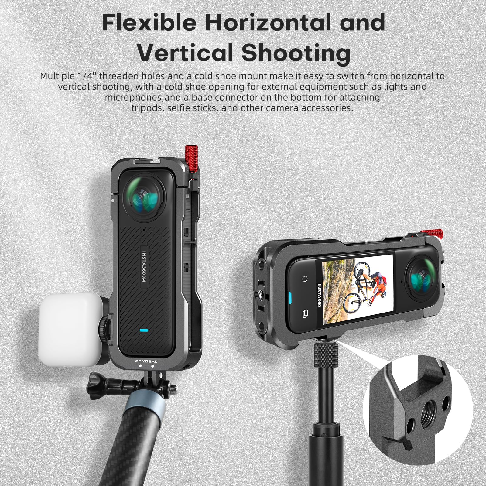 REYGEAK for insta-360 X4 Case, Aluminium Utility Frame for Insta360 X4,Protective Cage with Silicone Lens Cover,Cold Shoe Interface with 1/4" Threads Cold Shoe Mount Folding Fingers - Image 6