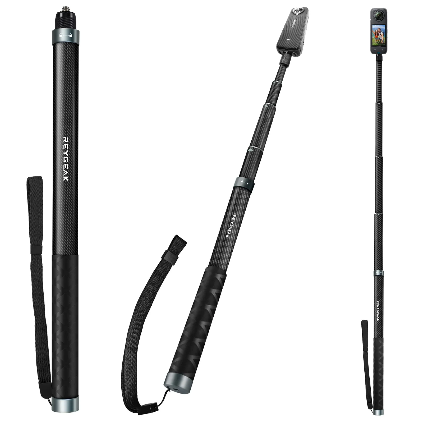 REYGEAK Selfie Stick for Insta360 X4,59 Inch/150cm long Invisible Selfie Pole with 1/4 screw thread,Carbon Fiber Waterproof Extension Monopod for Insta360 X4/X3/X2/ONE/ONE RS/ONE X/ONE R.