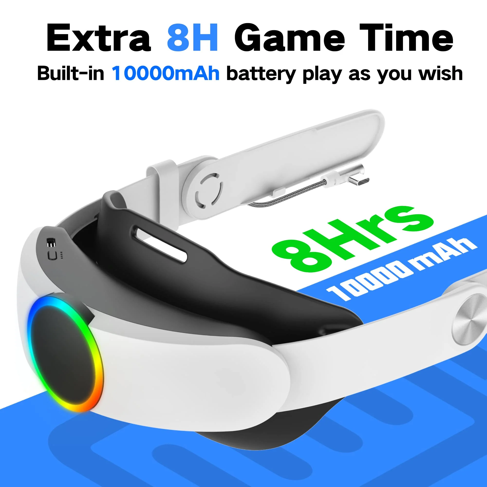 RGB Head Strap with Battery for Oculus Quest 2, 10000mAh Battery Pack for Extended 8 Hrs of Playtime, Fast Charging VR Power, Adjustable Elite Strap Enhanced Support and Balance in VR - Image 2