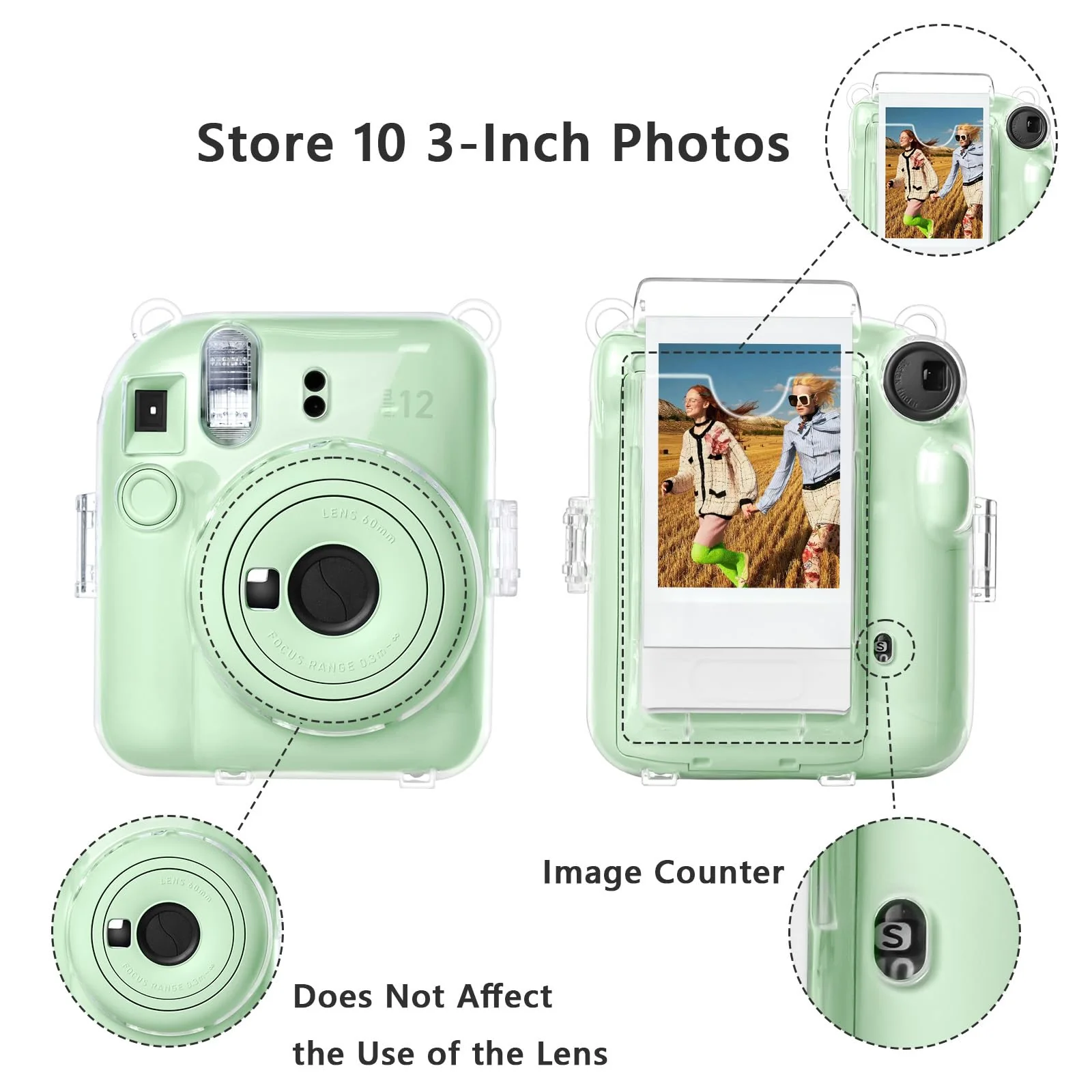 Rieibi Clear Case Compatible with Fuji Instax Mini 12, Polaroid Hard Carrying Case Bag for Fujifilm Instax Mini 12 Instant Camera, PC Cover with Photo Storage Pocket & Shoulder Strap Upgrade Clear - Image 2