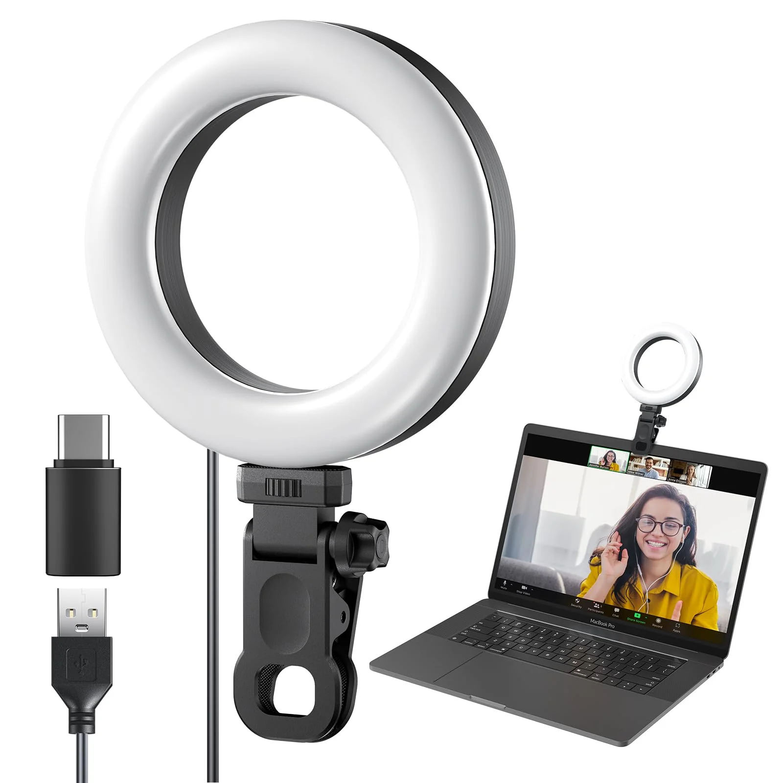 Ring Light Clip on Laptop Monitor, Webcam Light 10 Brightness Level Video Conference Lighting for Remote Working/Zoom Calls/Self Broadcasting/Live Streaming/Video Recording/TikTok Black