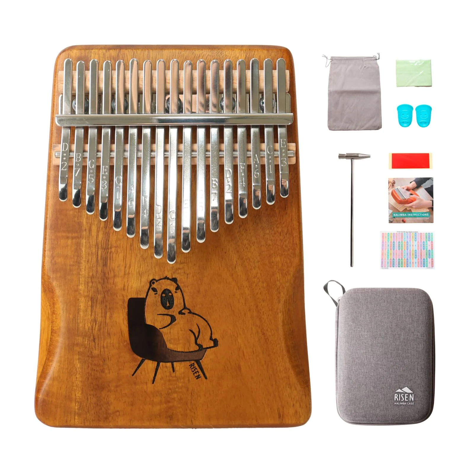 Risen Kalimba, Gradient Brown 17 Keys, Thumb Piano, Metal Keys with Scale Engraving, Capybara Design,Small Musical Instrument, Gifts For Beginner, Music Love (Capybara Couch Potato Natural Wood) Capybara Couch Potato Natural Wood