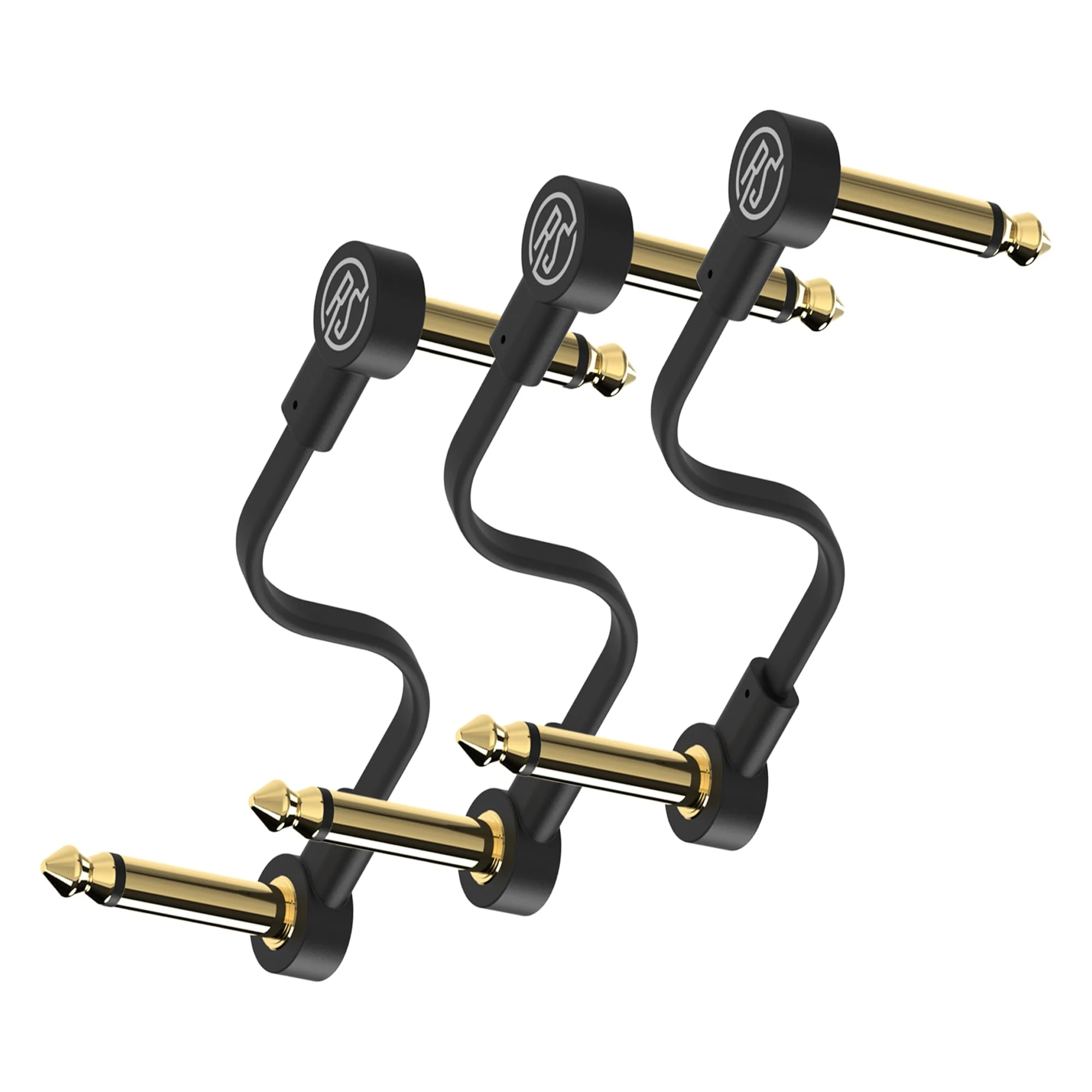 Rock Stock Guitar Flat Patch Cables (Pack of 3) - 6 Inch S-Shape Ultra-Thin Effect Guitar Pedal Patch Cables - Right-Angle, Black with Durable Gold Plated Connectors, Maximize Pedalboard Space 6 Inches