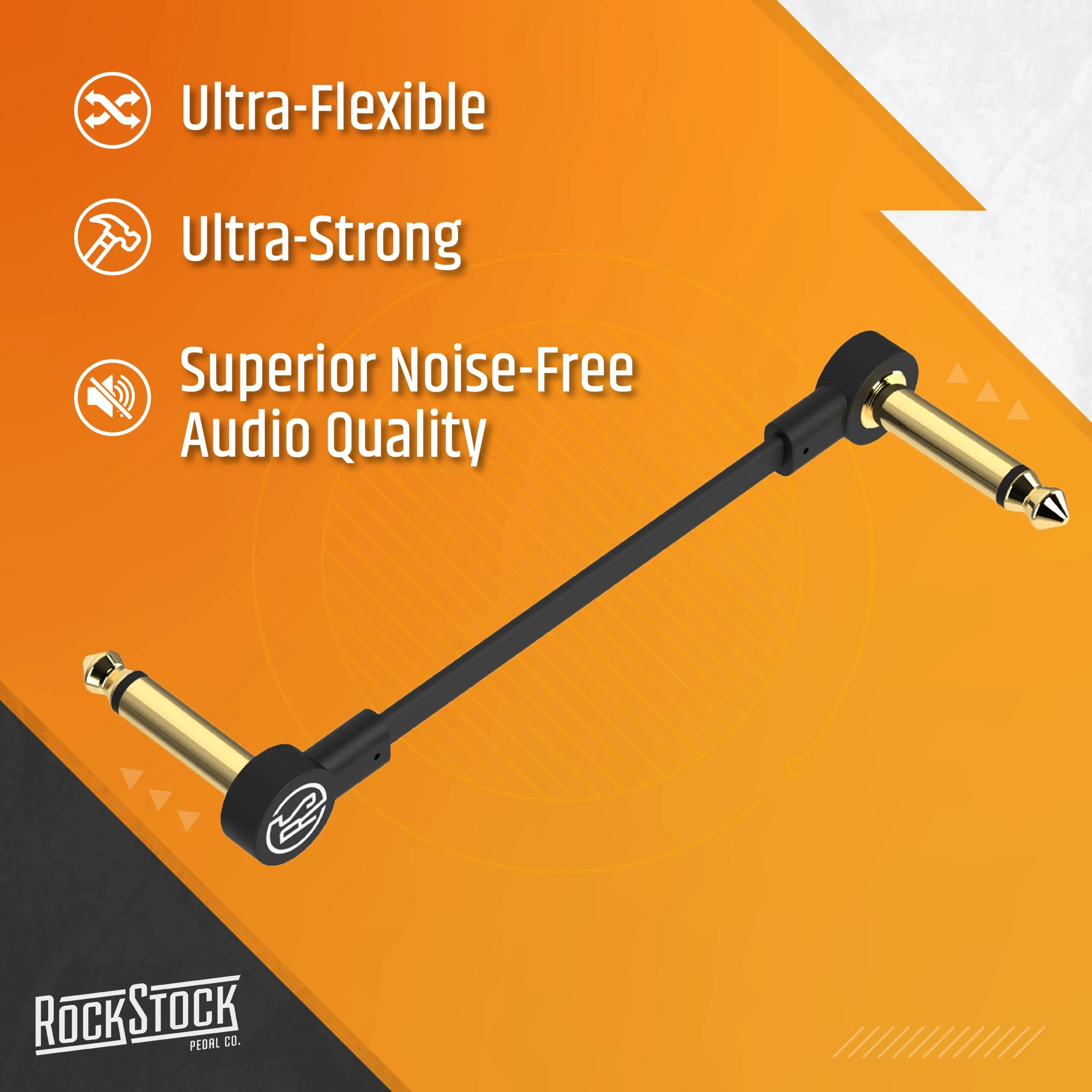 Rock Stock Guitar Flat Patch Cables (Pack of 3) - 6 Inch S-Shape Ultra-Thin Effect Guitar Pedal Patch Cables - Right-Angle, Black with Durable Gold Plated Connectors, Maximize Pedalboard Space 6 Inches - Image 2