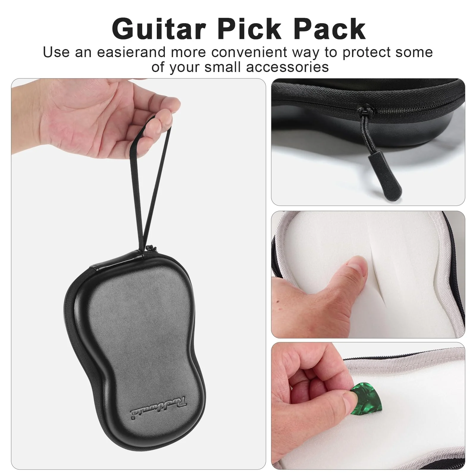 Rockhouse Guitar Pick Holder Case PU Leather Storage Pouch Box Plectrum Zipper Bag Organizer, Fits All Size Picks Guitar Accessories Gift for Guitarist Music Lover, Small Black - Image 3