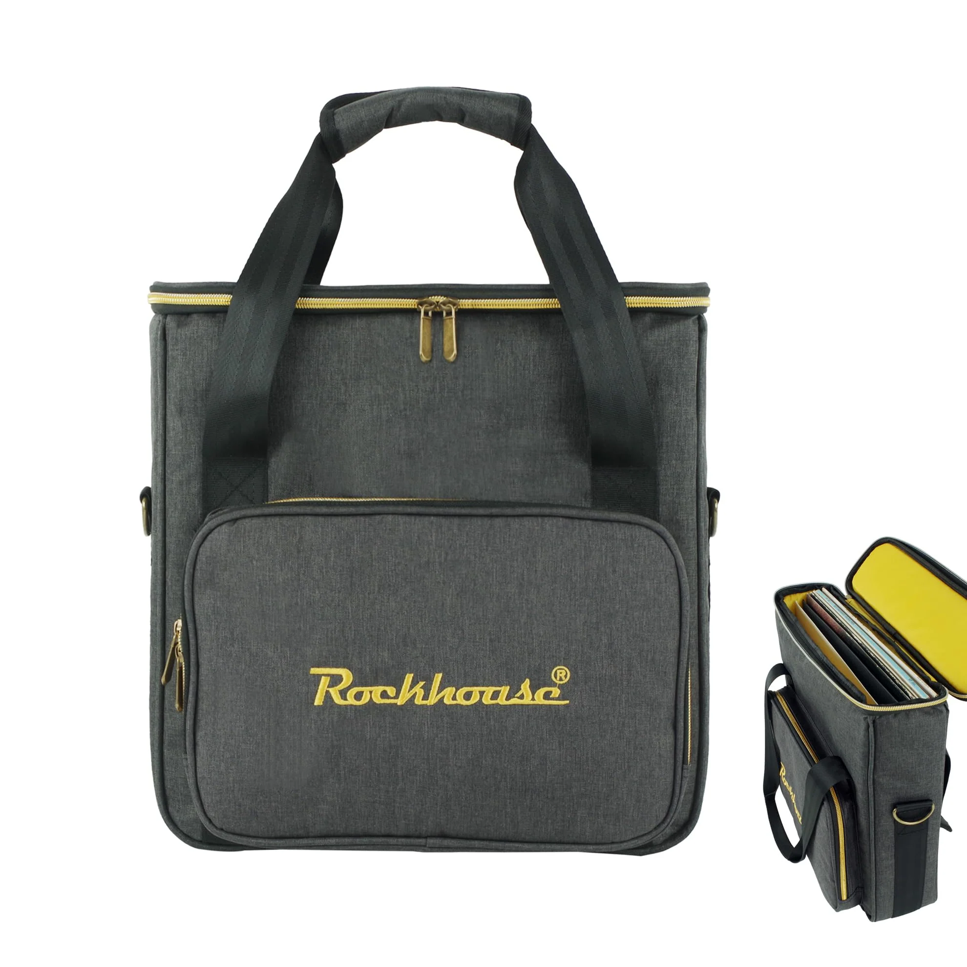Rockhouse Vinyl Record Storage Bag Carrying Case with Shoulder Strap, DJ Travel Albums Carrier Holds 10 Standard 12 inch LP Records