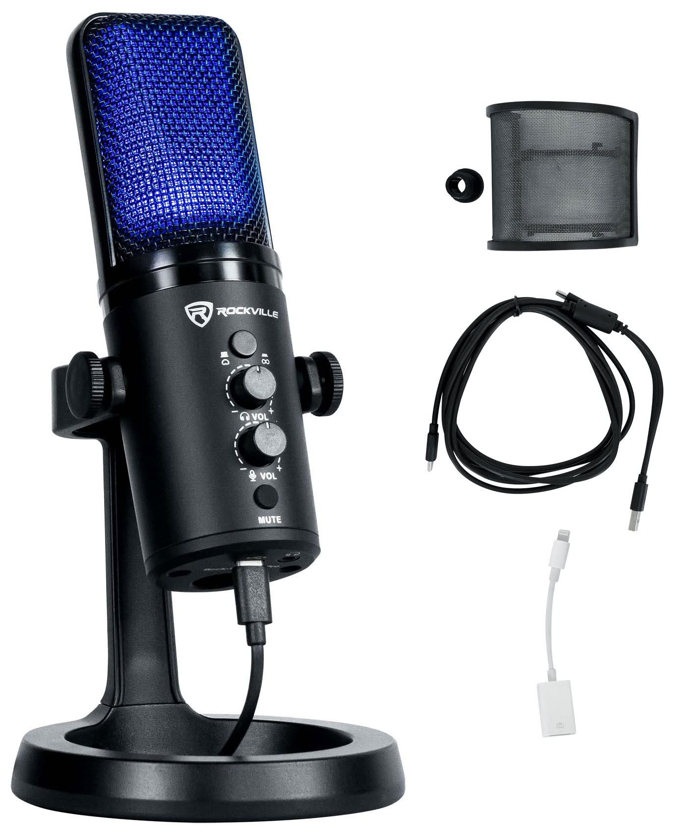 Rockville Rock-Stream PRO Dual Pattern USB Microphone, 24-Bit/192kHz, Cardioid/Bi-Directional, LED Clipping Indicator, Headphone Monitoring, for Gaming, Streaming, Podcasting