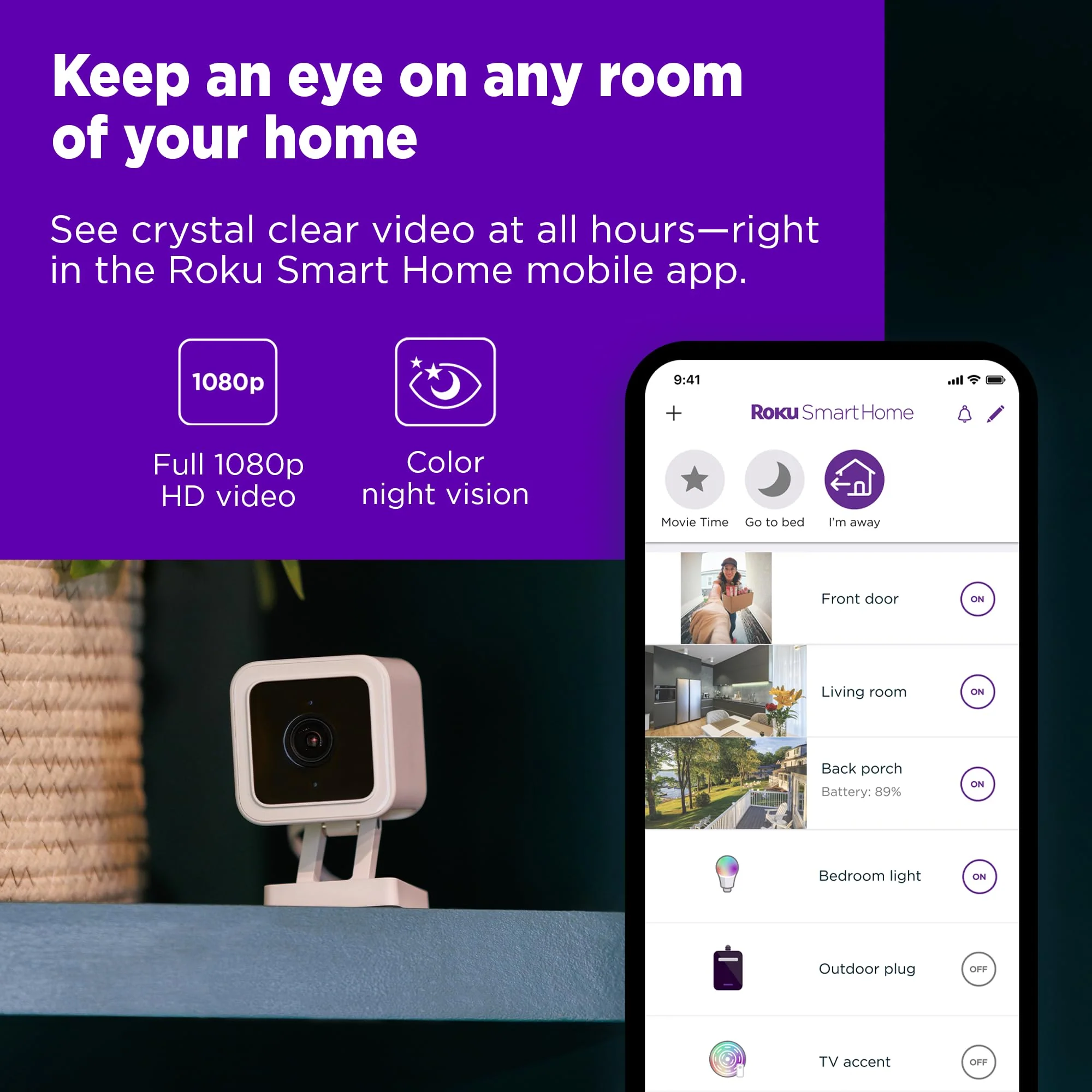 Roku Indoor Camera for Home Security, 1-Pack - Wired Security Camera with 1080p HD Color Night Vision, Works with Alexa & Google, Motion & Sound Detection, Built-in Siren, 90-Day Subscription Included - Image 2