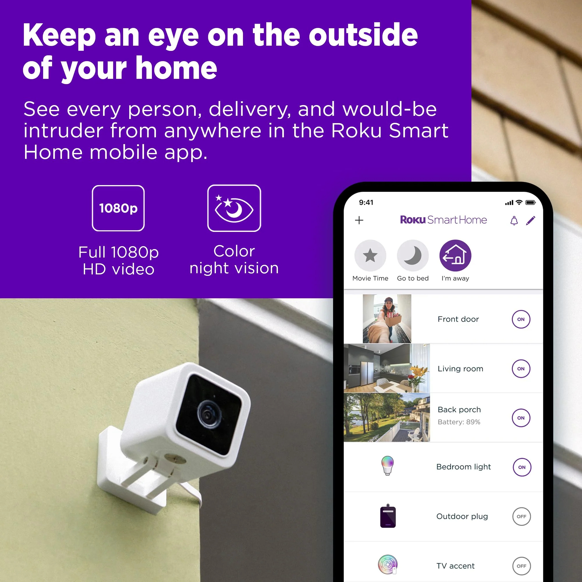 Roku Outdoor Camera for Home Security - IP65 Weather Resistant Wired Security Camera with 1080p HD Night Vision, Works with Alexa & Google, Motion & Sound Detection - 90-Day Subscription Included Outdoor Wired Camera - Image 2