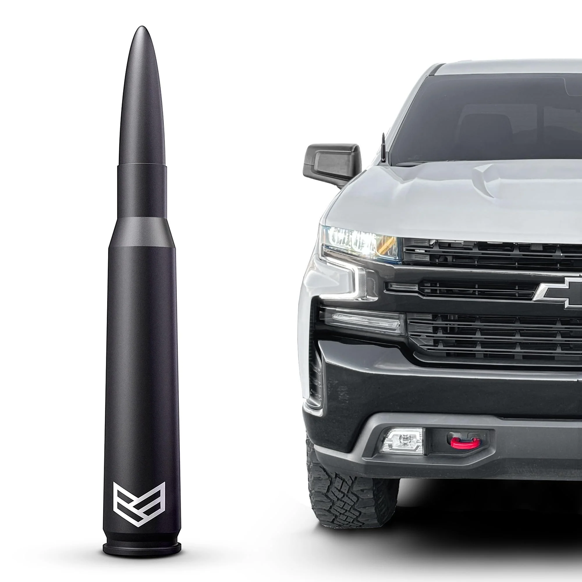 RONIN FACTORY Bullet Antenna Chevy Silverado & GMC Sierra Trucks - 50 Cal Truck Antenna Accessories - Anti Theft - Carwash Safe - Short Replacement Antenna TuffLock Antenna Chevy & GMC