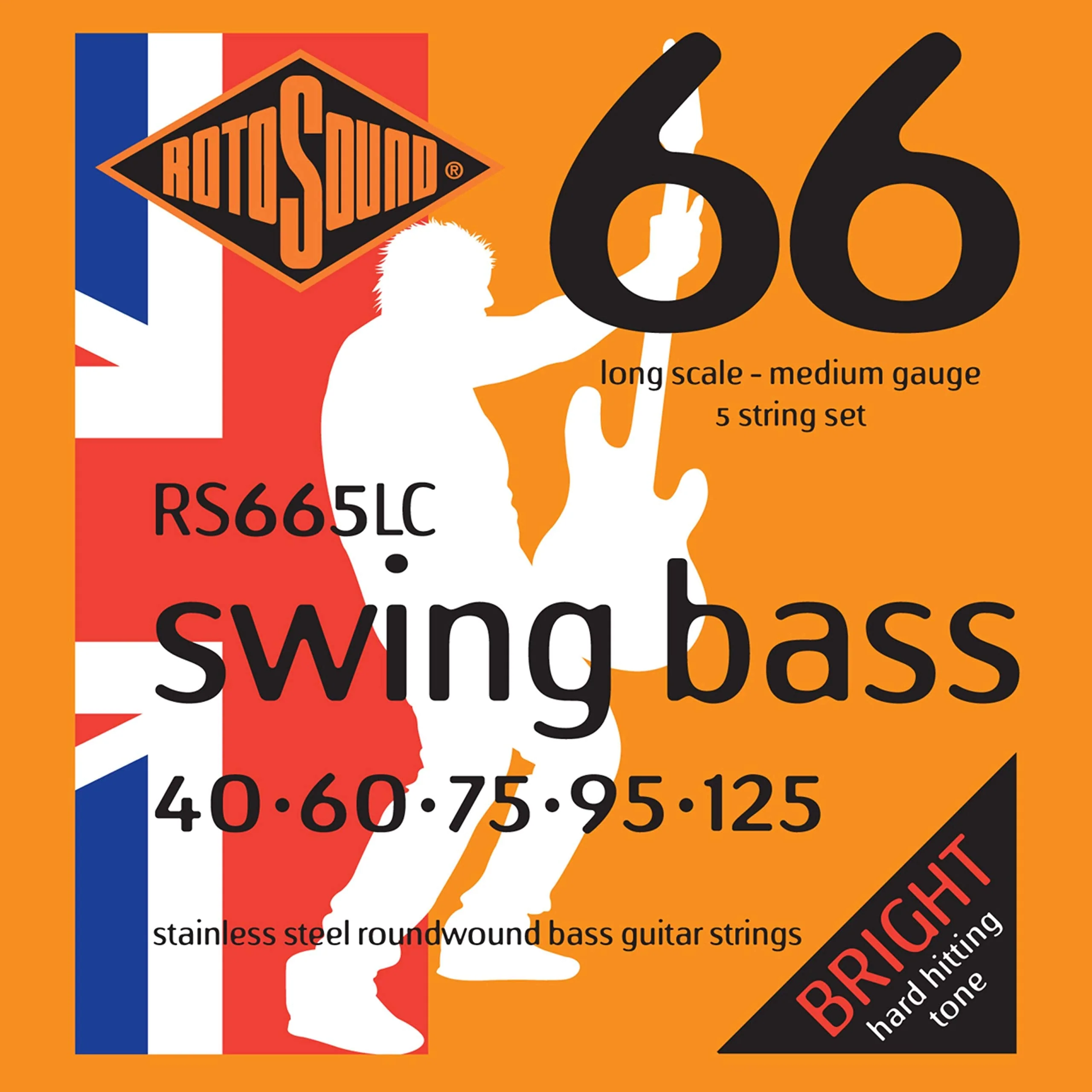 Rotosound RS665LC Swing Bass 66 Stainless Steel 5 String Bass Guitar Strings (40 60 75 95 125) .040-.125 Long Scale Medium