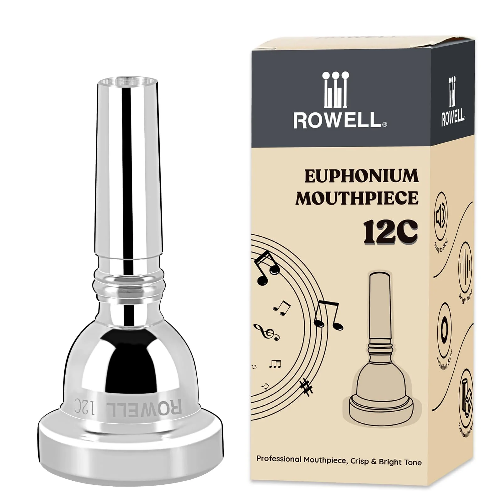 ROWELL Euphonium Mouthpiece 12 C Euphonium Mouthpiece Baritone Mouthpiece Standard Euphonium Mouthpiece Silver-Plated Euphonium Mouthpiece Professional Baritone Euphonium Replacement Mouthpiece