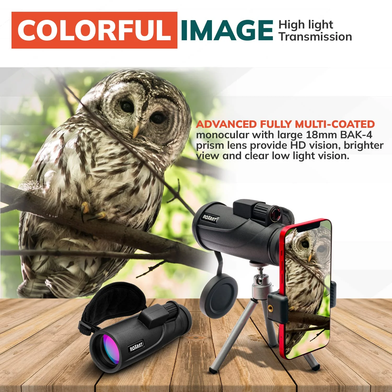 Roxant Falcon Monocular Telescope for Smartphone - 10x42 High Definition BAK4 Prism Focusing Scope - Monoculars for Adults - Includes Monocular, Phone Adapter, Mini Tripod, Case & Lens Cap - Image 7