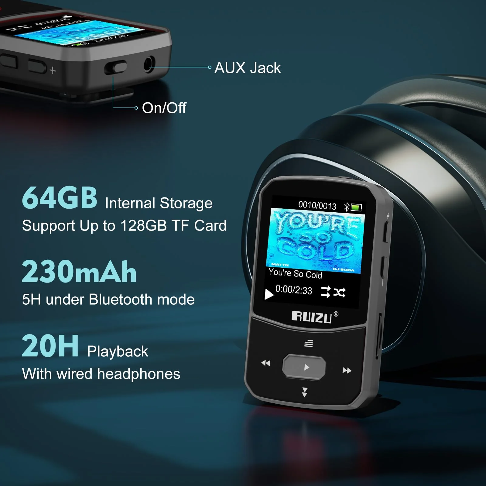 RUIZU 64GB Clip MP3 Player with Bluetooth 5.3, Portable Music Player with Voice Recorder for Sport Running, FM Radio, Pedometer, A-B Repeat, Audio Video, Shuffle Playback, Support 128GB TF Card, Black - Image 3