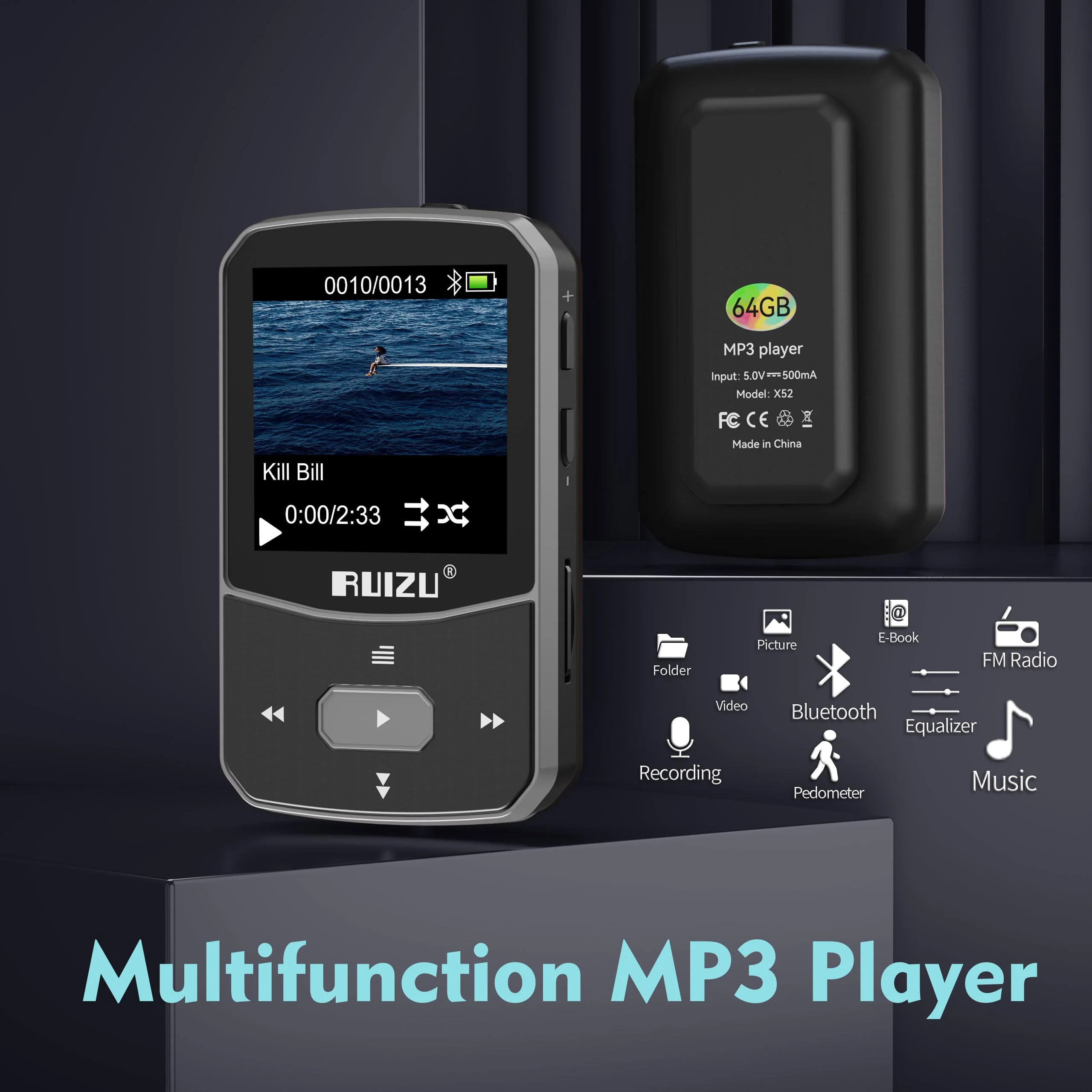 RUIZU 64GB Clip MP3 Player with Bluetooth 5.3, Portable Music Player with Voice Recorder for Sport Running, FM Radio, Pedometer, A-B Repeat, Audio Video, Shuffle Playback, Support 128GB TF Card, Black - Image 6