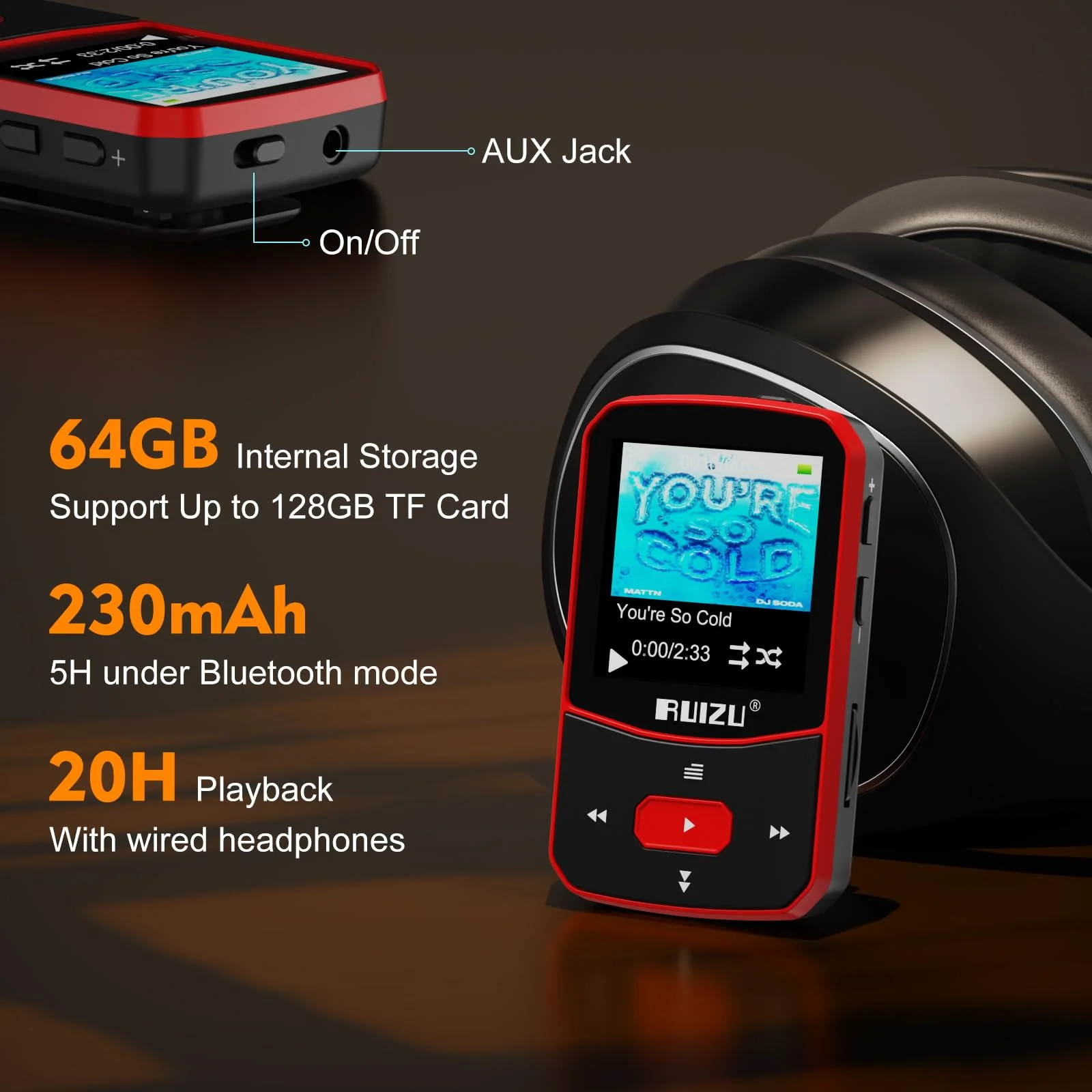 RUIZU 64GB Clip MP3 Player with Bluetooth 5.3, Portable Music Player with Voice Recorder for Sports Running, FM Radio, Pedometer, A-B Repeat, Audio Shuffle Playback, Support 128GB Micro SD Card, Red - Image 3