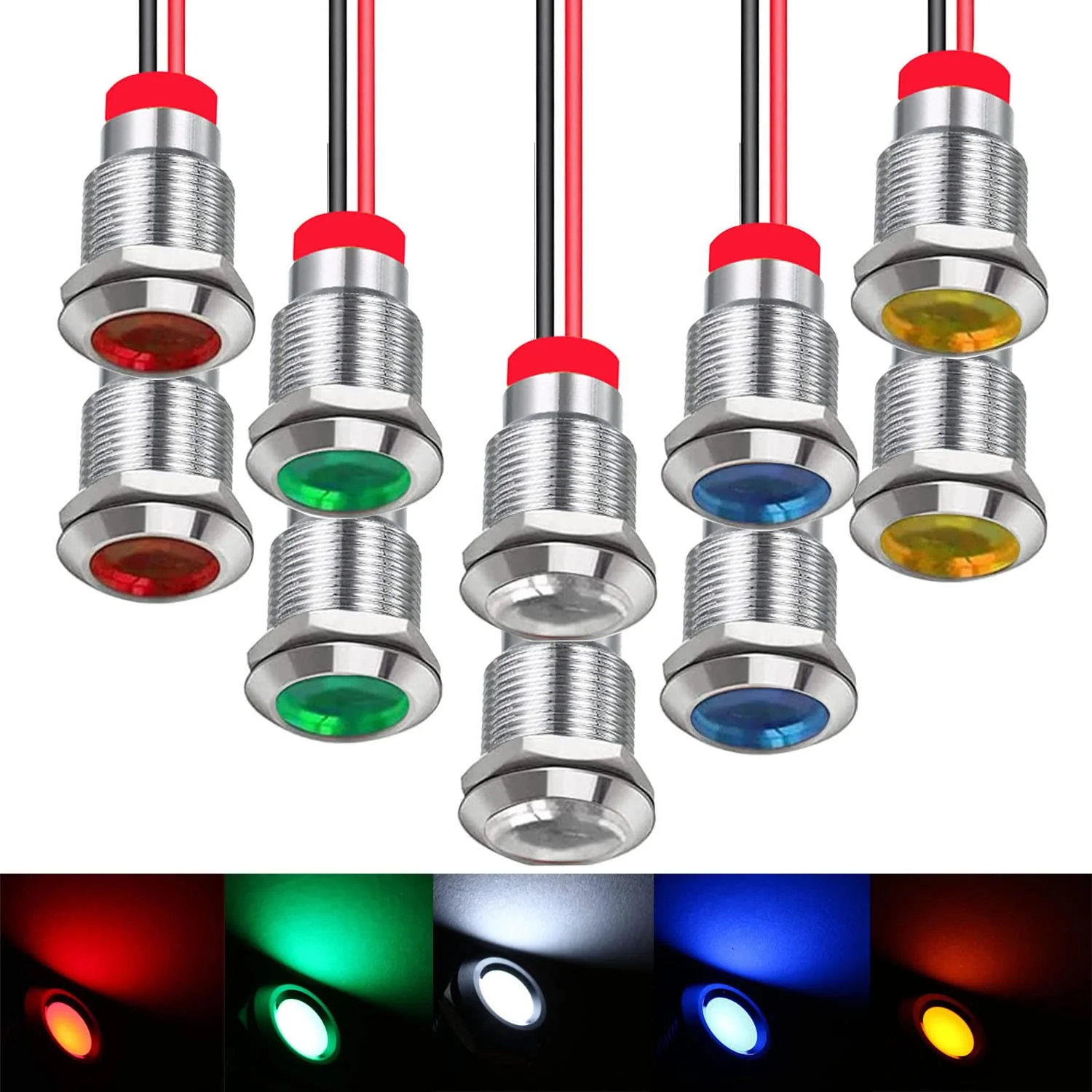 RUNCCI-YUN Pack of 10 110 V-220 V 12 mm 1/2 Inch LED Metal Indicator Light Waterproof Signal Lamp LED Panel Installation Indicator Light (Green × 2 Yellow × 2 Red × 2 Blue × 2 White × 2) 12mm (Green Yellow Brown Blue-white) 110v-220v 10pcs