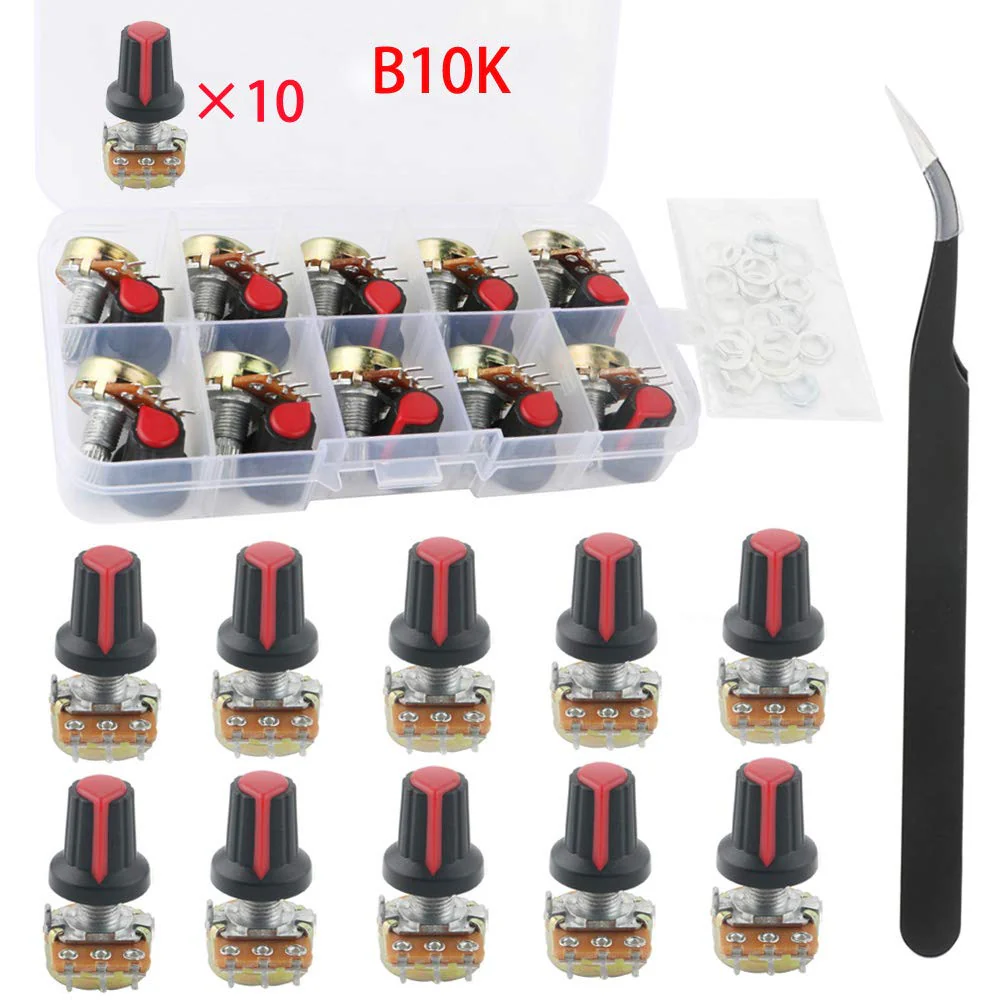 RUNCCI-YUN Potentiometer 10K 3 Terminal Rotary Potentiometer with Cap Nuts and Washer (B10K-10PCS) 10k ohm