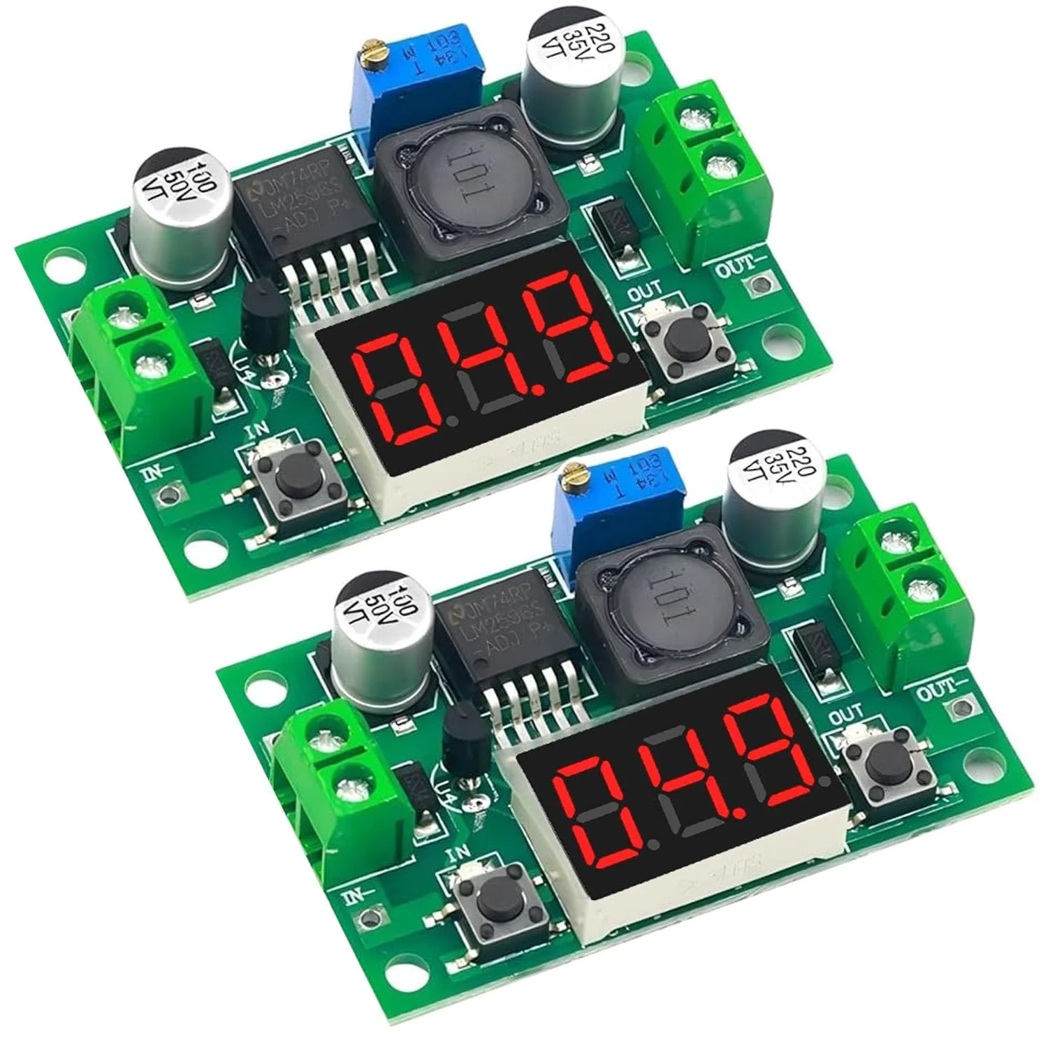 RUNCCI-YUN Set of 2 Adjustable DC Step Down Power Supply Converter, 4-40V Input to 1.25-37V Output Voltage Regulator with LED Voltmeter for DIY Arduino