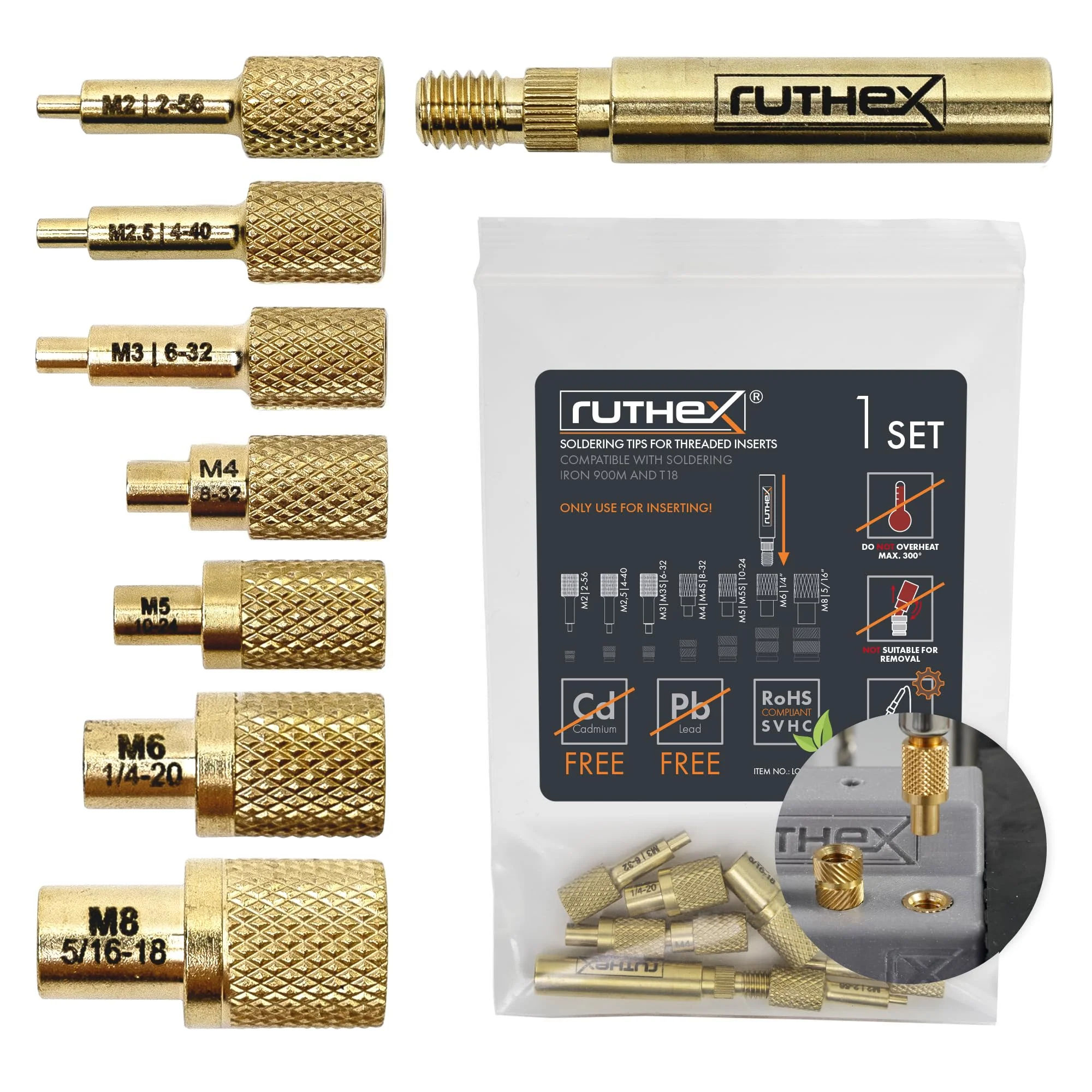 ruthex 7x Soldering Tips/Heat Set Insert Tips - for Thread Inserts M2 / M2.5 / M3 / M4 / M5 / M6 / M8 - #2-56 / #4-40/ #6-32/ #8-32/ #10-24 1/4" and Soldering Iron Adapter 900M / T18 Adapter 900M + Insert Tip Set V3