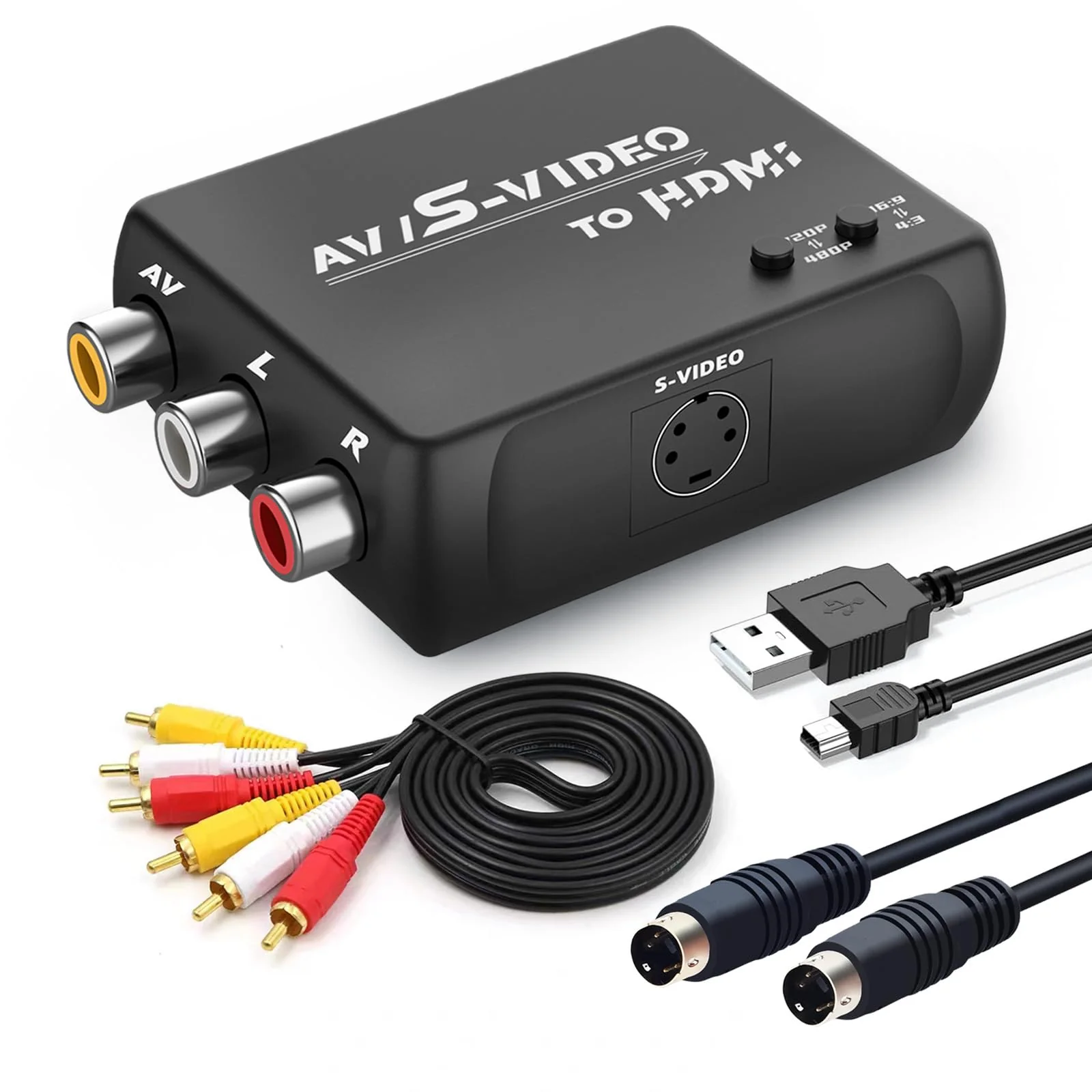 S Video RCA to HDMI Converter with RCA Cable + Svideo Cable + USB Cable, S-Video AV to HDMI Converte Compatible for PAL/NTSC for TV/PC/PS1/PS2/ STB/Xbox/VHS/VCR/DVD
