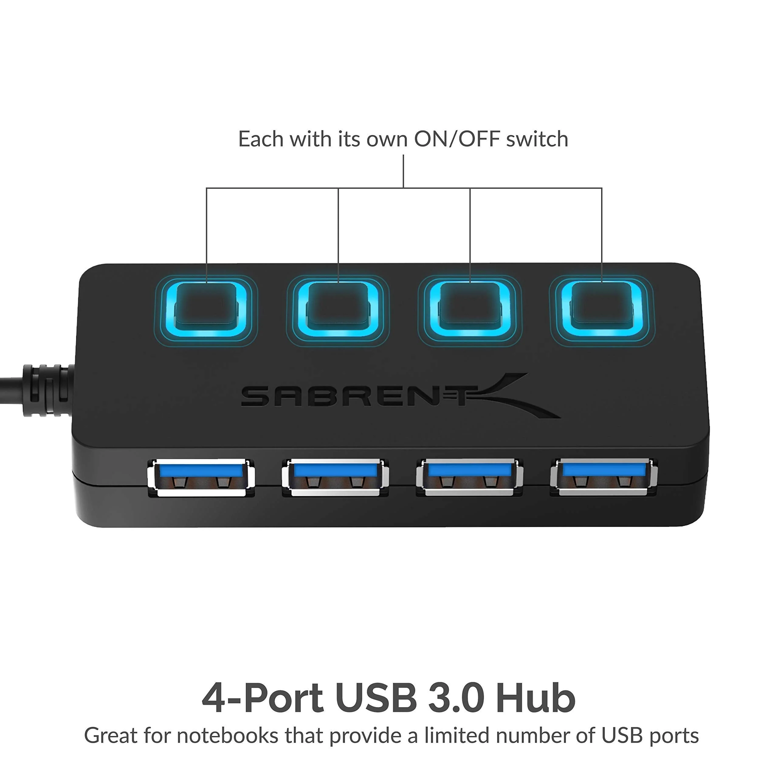 Sabrent 4-Port USB 3.0 Hub with Individual LED Power Switches | 2 Ft Cable | Slim & Portable | for Mac & PC (HB-UM43) - Image 2