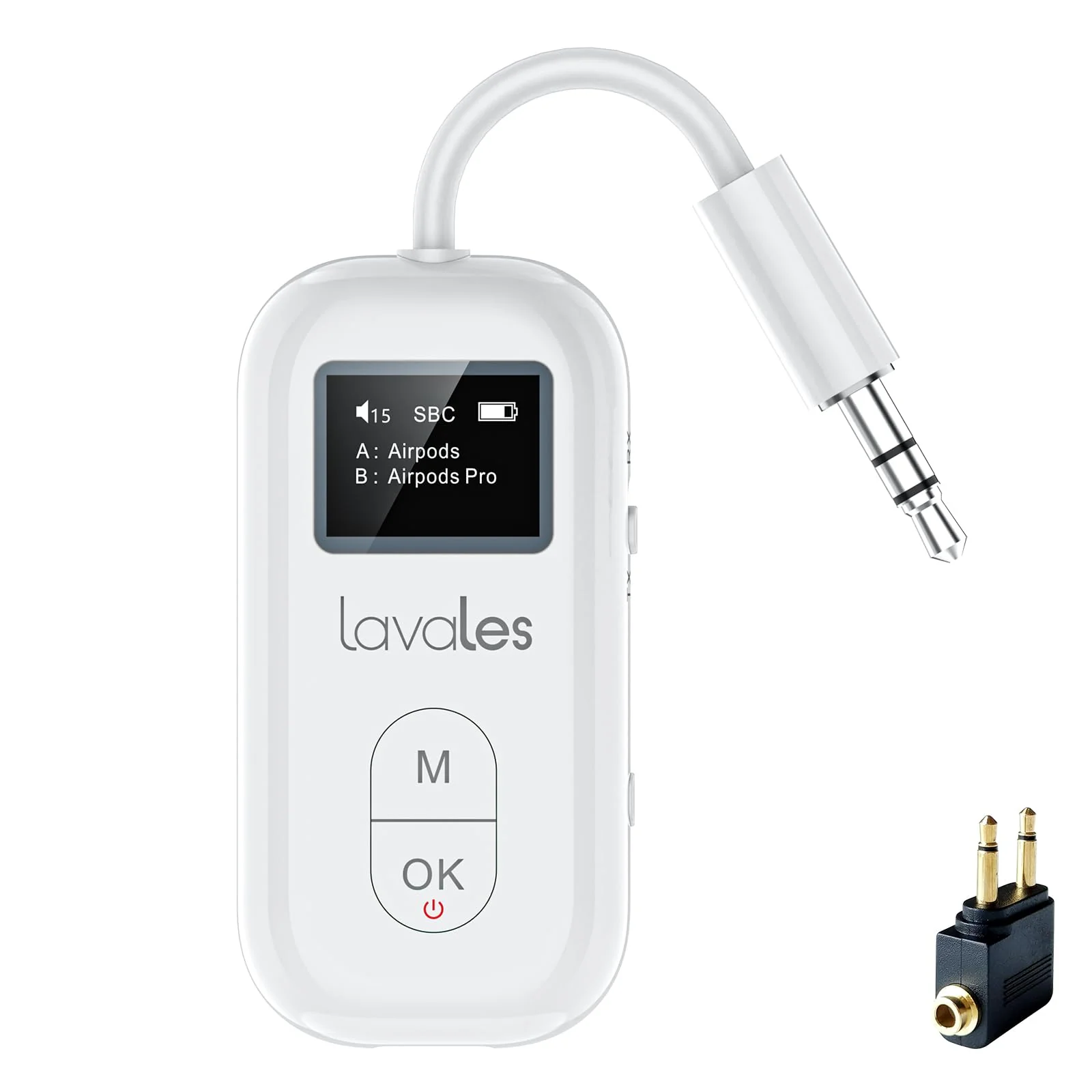 SafeFly Pro Bluetooth 5.3 Transmitter & Receiver Bluetooth Audio Adapter w/Screen for up to 2 Bluetooth Headphones; Use with Any 3.5 mm Jack on Airplanes, TVs, iPad/Tablets, Speakers and Auto
