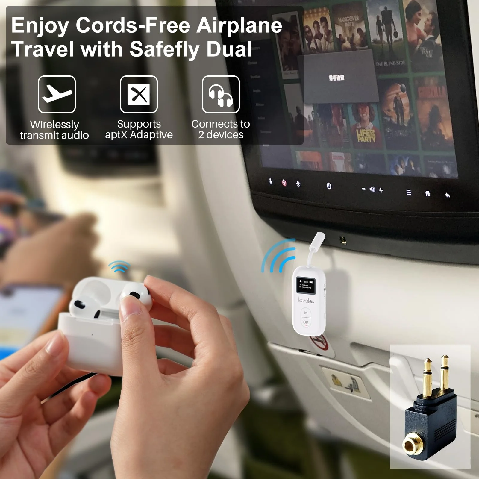 SafeFly Pro Bluetooth 5.3 Transmitter & Receiver Bluetooth Audio Adapter w/Screen for up to 2 Bluetooth Headphones; Use with Any 3.5 mm Jack on Airplanes, TVs, iPad/Tablets, Speakers and Auto - Image 2