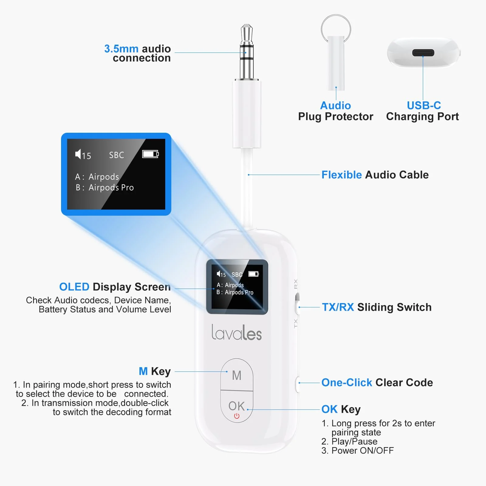 SafeFly Pro Bluetooth 5.3 Transmitter & Receiver Bluetooth Audio Adapter w/Screen for up to 2 Bluetooth Headphones; Use with Any 3.5 mm Jack on Airplanes, TVs, iPad/Tablets, Speakers and Auto - Image 3