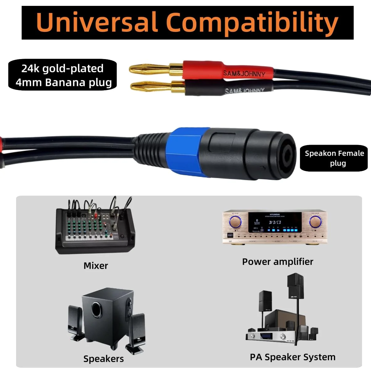 Sam&Johnny 4mm Banana Plug to Female Speakon Speaker Adapter Cable 12AWG, 6 Inch - Mono Speakon Female Jack to Banana Cable - 2 Pack - Image 2