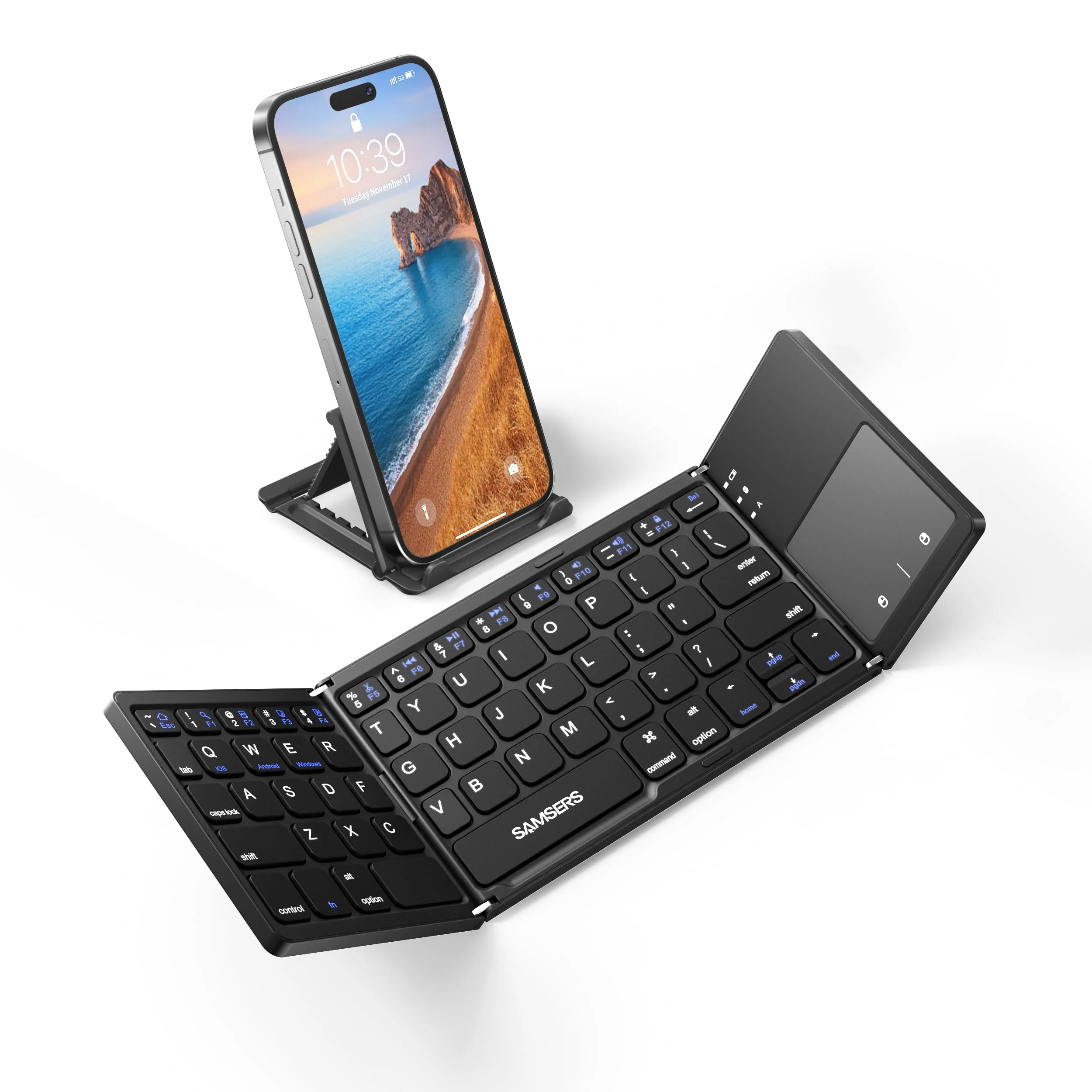 Samsers Foldable Bluetooth Keyboard with Touchpad - Portable Wireless Keyboard with Holder, Rechargeable Full Size Ultra Slim Pocket Folding Keyboard for Android Windows iOS Tablet & Laptop - Black BT x 1