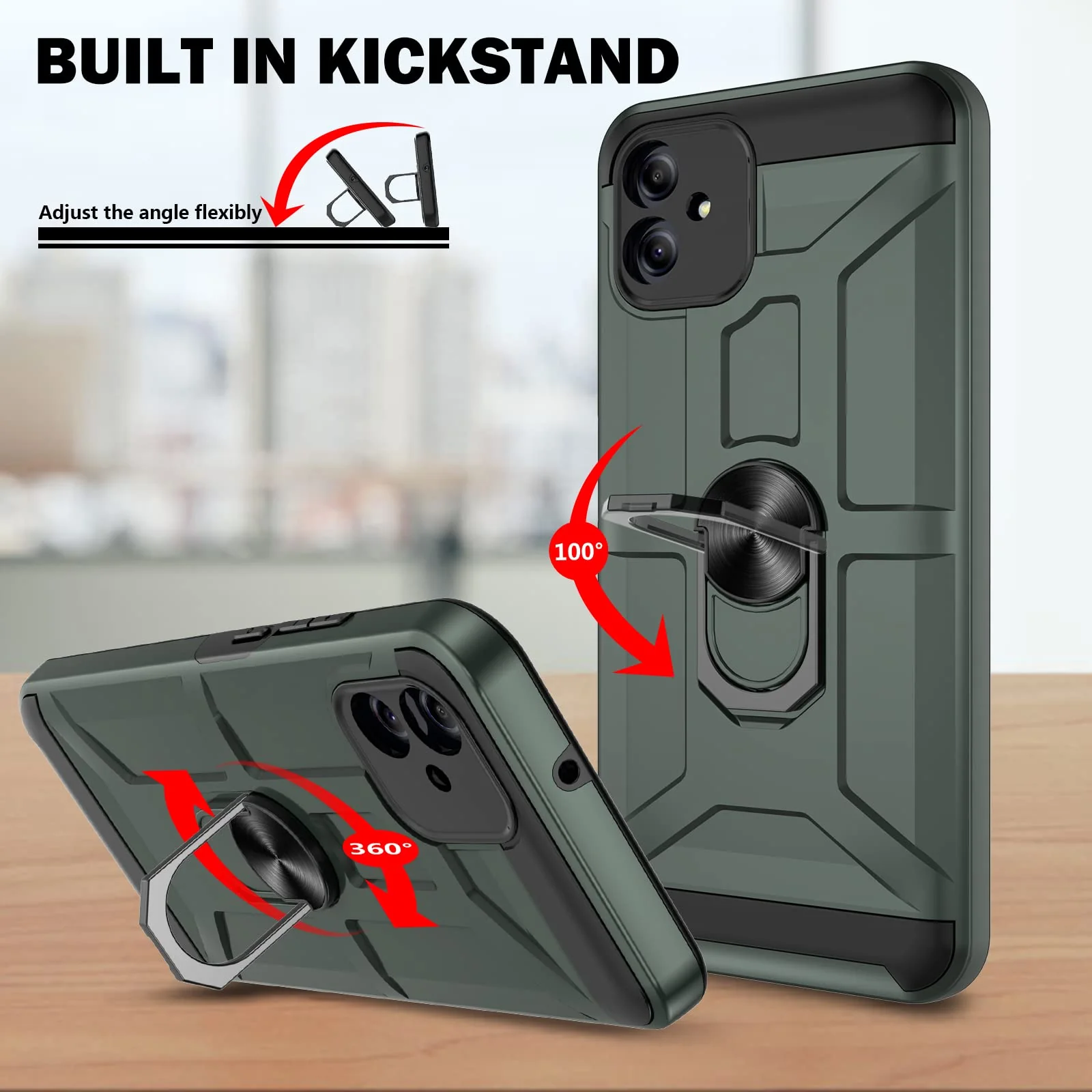 Samsung Galaxy A04e Case, Galaxy A04e Case with [3X Tempered Glass Screen Protector], Built-in Ring Kickstand and Magnetic Car Mount Shockproof Dropproof Armor Case for Galaxy A04e 6.5" - Green - Image 5