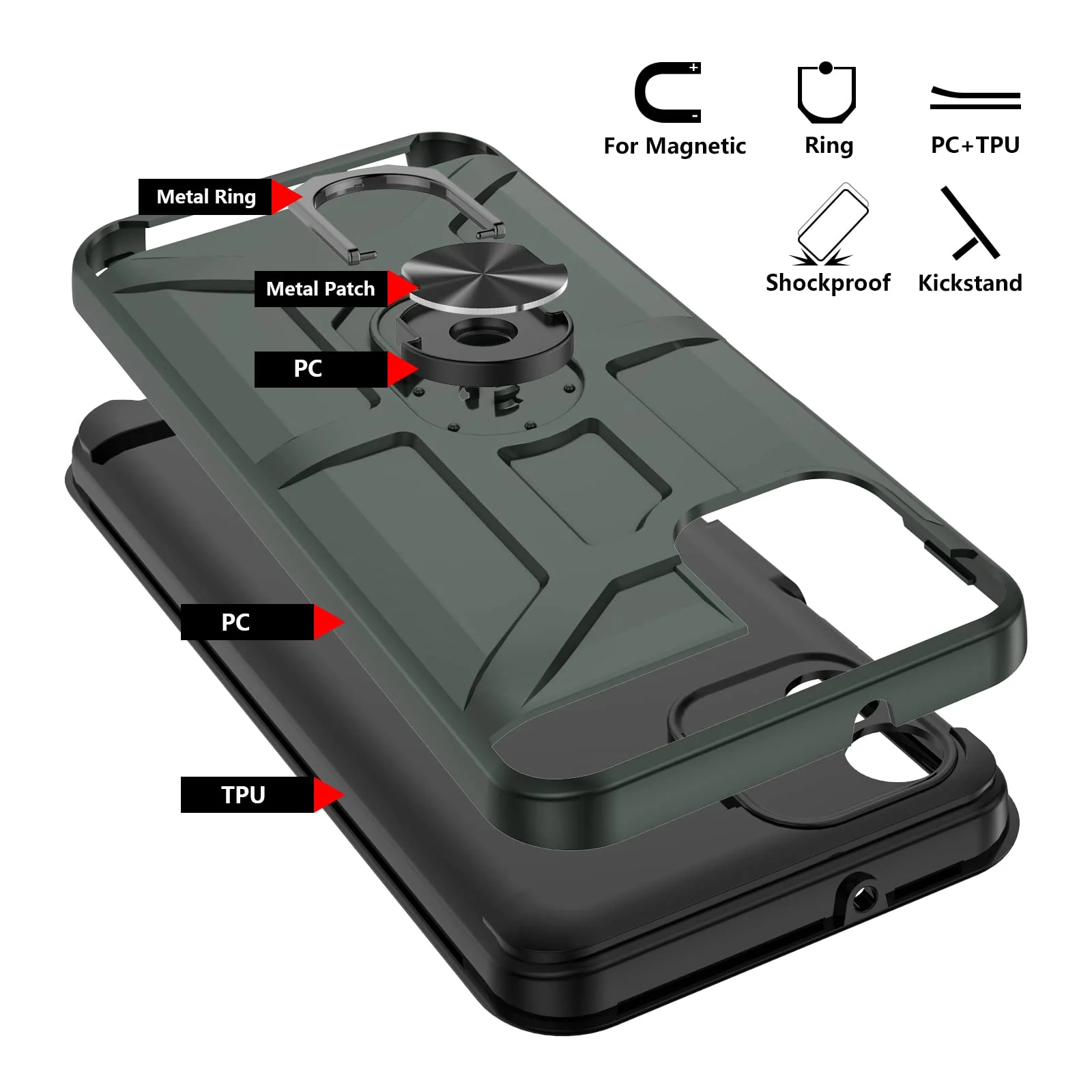 Samsung Galaxy A04e Case, Galaxy A04e Case with [3X Tempered Glass Screen Protector], Built-in Ring Kickstand and Magnetic Car Mount Shockproof Dropproof Armor Case for Galaxy A04e 6.5" - Green - Image 7