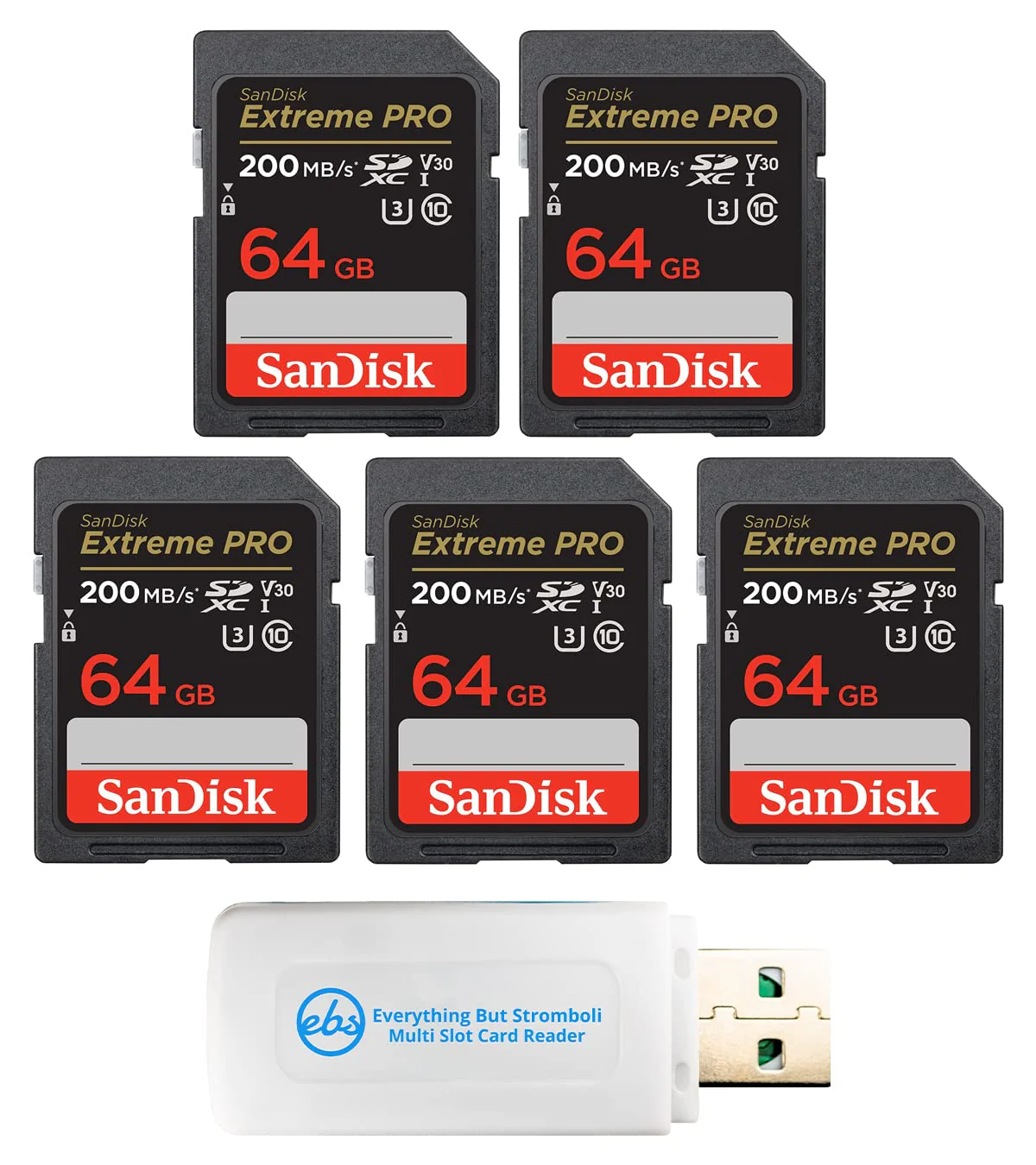 SanDisk 64GB (Five Pack) Extreme Pro Memory Card (SDSDXXY-064G-GN4IN) SDXC 4K V30 UHS-I with Everything But Stromboli (TM) Combo Reader 64GB 5 Pack