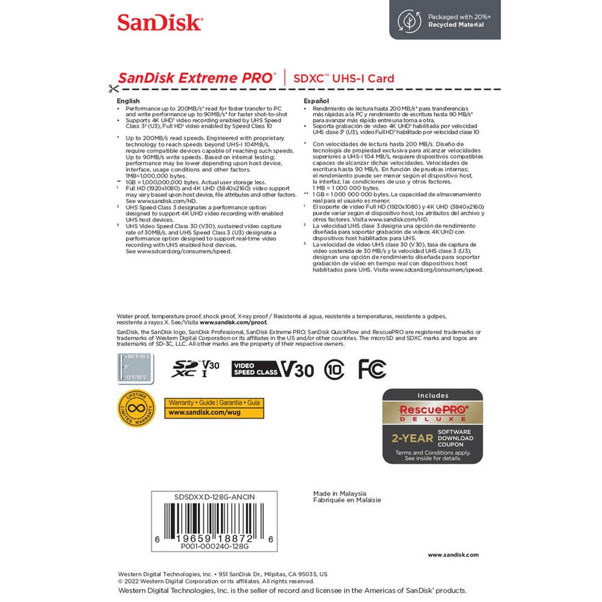 SanDisk Extreme PRO 128GB UHS-I U3 SDXC Memory Card - Image 5