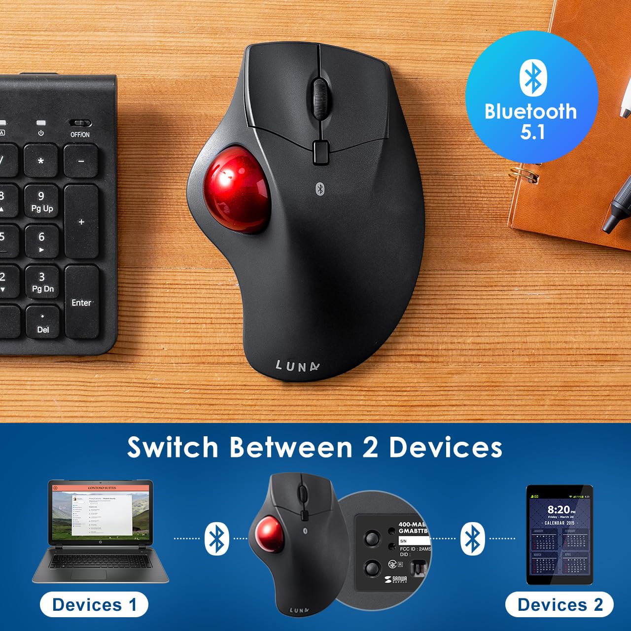 SANWA Bluetooth Wireless Ergonomic Trackball Mouse, Optical Rollerball Mice, Programmable Silent Buttons, 40mm Trackball, 600/800/1200/1600 DPI, Compatible with MacBook, Laptop, Windows, macOS - Image 6