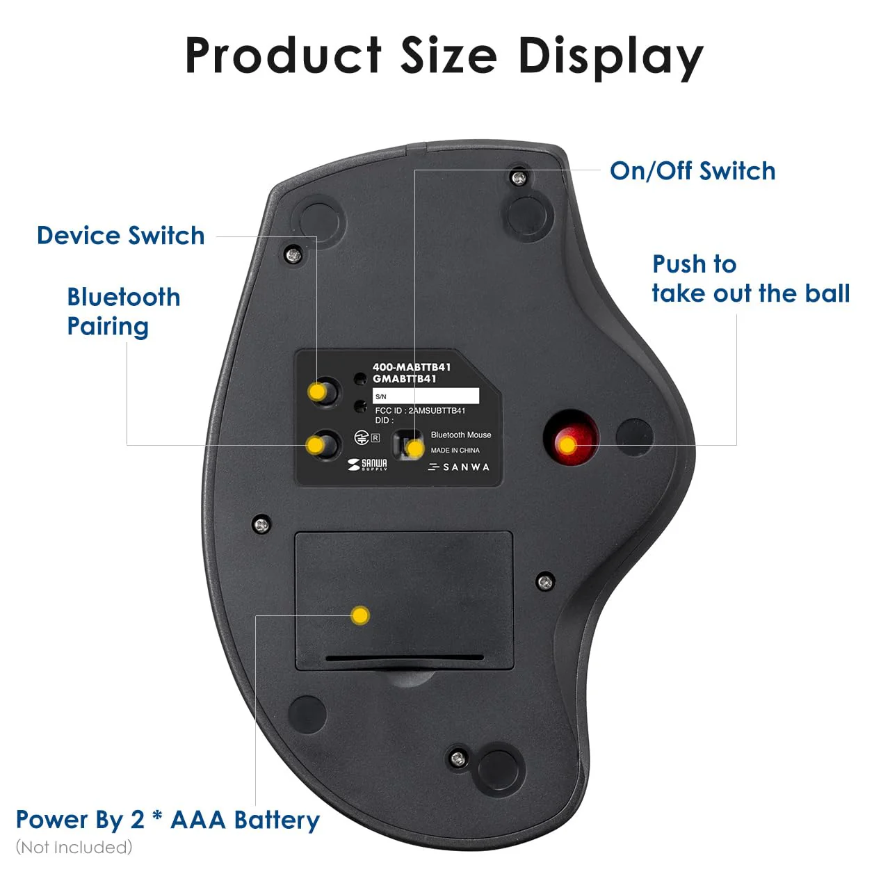 SANWA Bluetooth Wireless Ergonomic Trackball Mouse, Optical Rollerball Mice, Programmable Silent Buttons, 40mm Trackball, 600/800/1200/1600 DPI, Compatible with MacBook, Laptop, Windows, macOS - Image 8