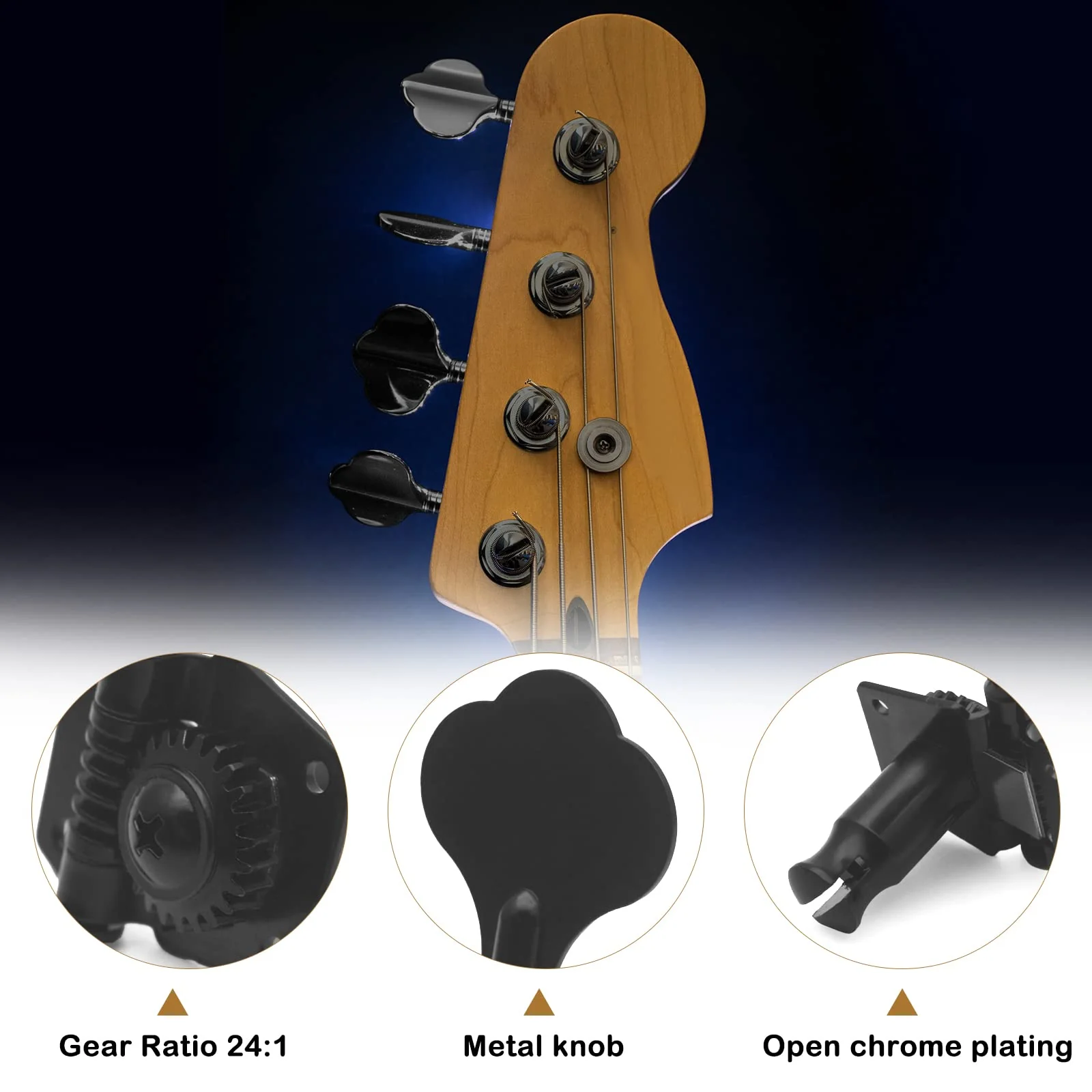 SAPHUE 4R Opened Electric Bass Guitar Tuning Pegs,1:24 Ratio Open Gear Tuning Key Pegs Machine Heads Tuners for Bass for Jazz Precision P Bass Replacement Swhmc Bass Tuning Pegs (Black, 4R) Black - Image 5