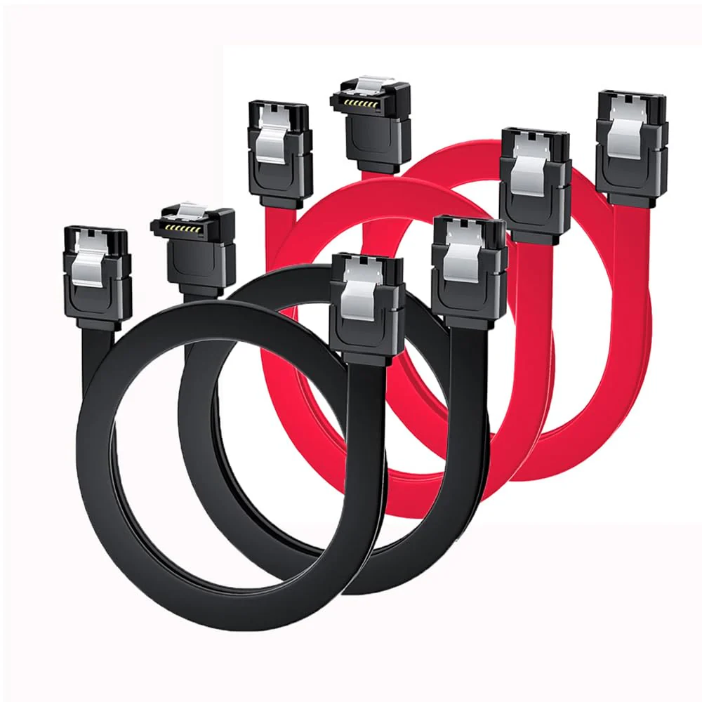 SATA Cable III, 4 Pack 90 Degree Right Angle to Straight &Straight to Straight 6Gbps 7pin SATA 3.0 Data Transmission Cord with Locking Latch for Hard Drive SSD (Straight+Angled(2Black+2Red)) Straight+angled(2Black+2Red)