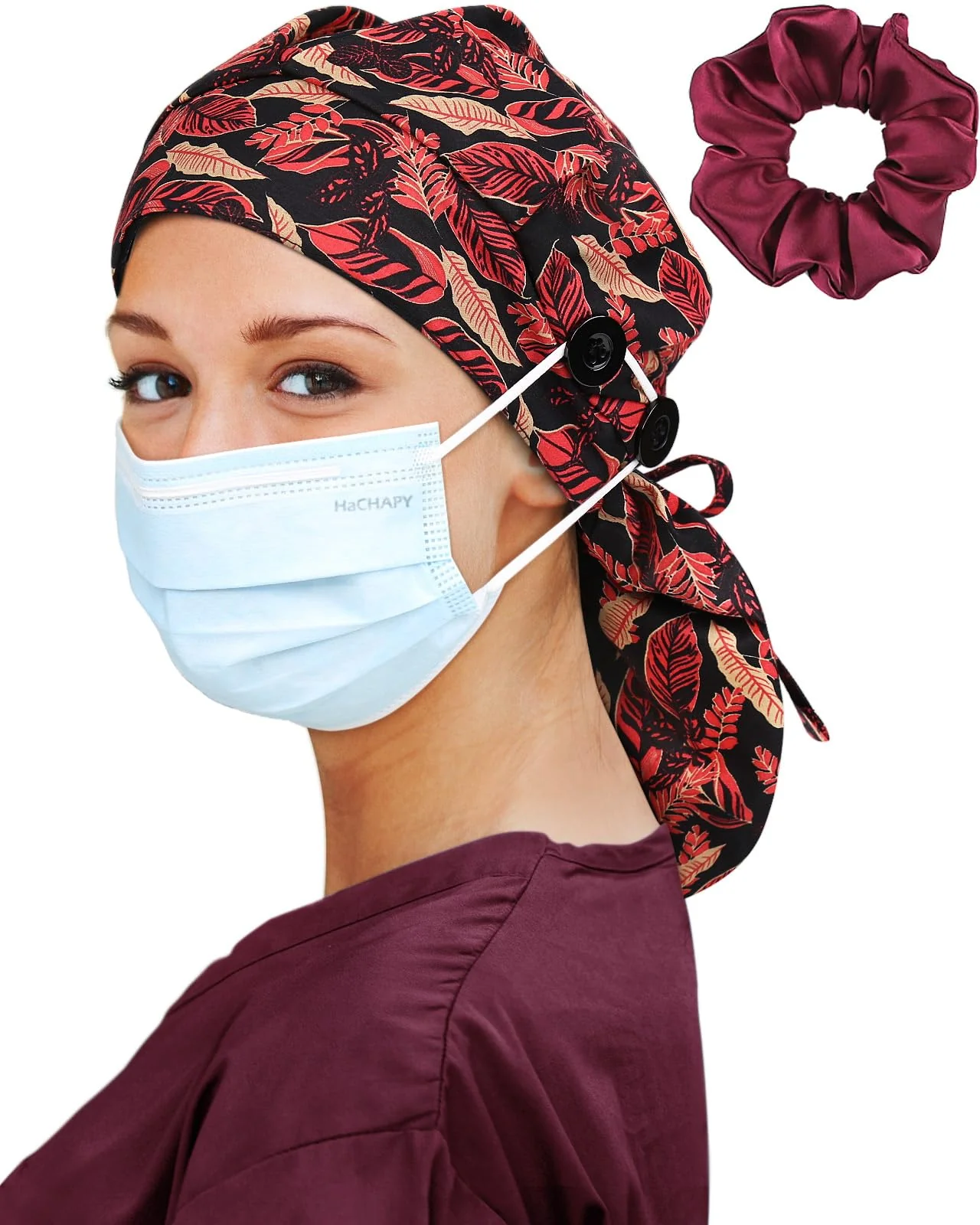 Satin Lined Scrub Cap for Women Extra Large Long Hair Surgical Nurse Cap 4 Buttons Red Black 1