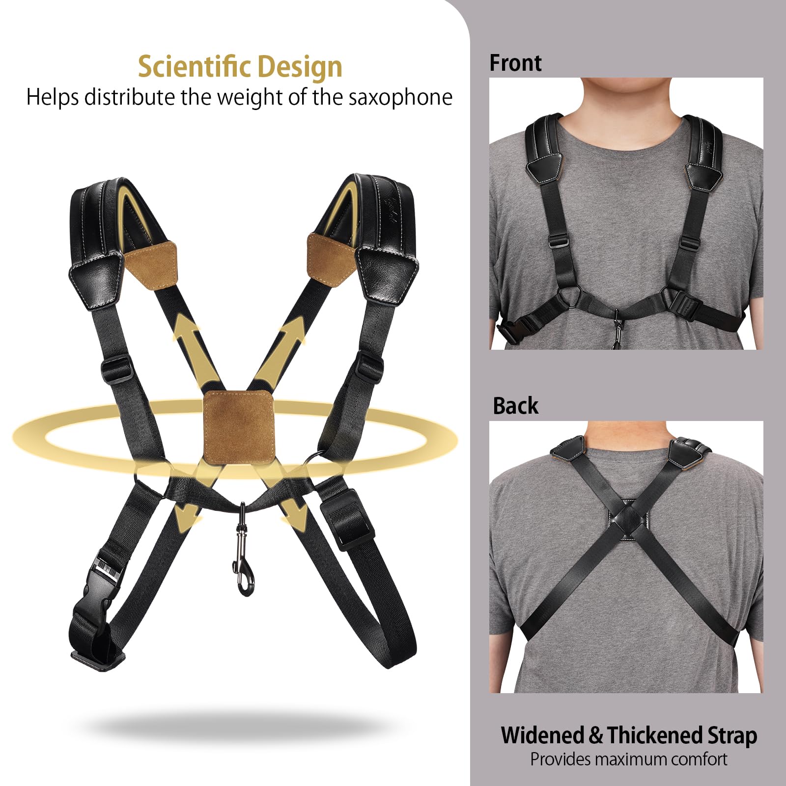 Saxophone Harness, Double Shoulder Adjustable Sax Strap with Soft Leather Padded, Widened & Thickened Design, Good Comfort, Reduce Neck Stress, for Alto/Tenor/Baritone/Soprano Saxophone - Image 3