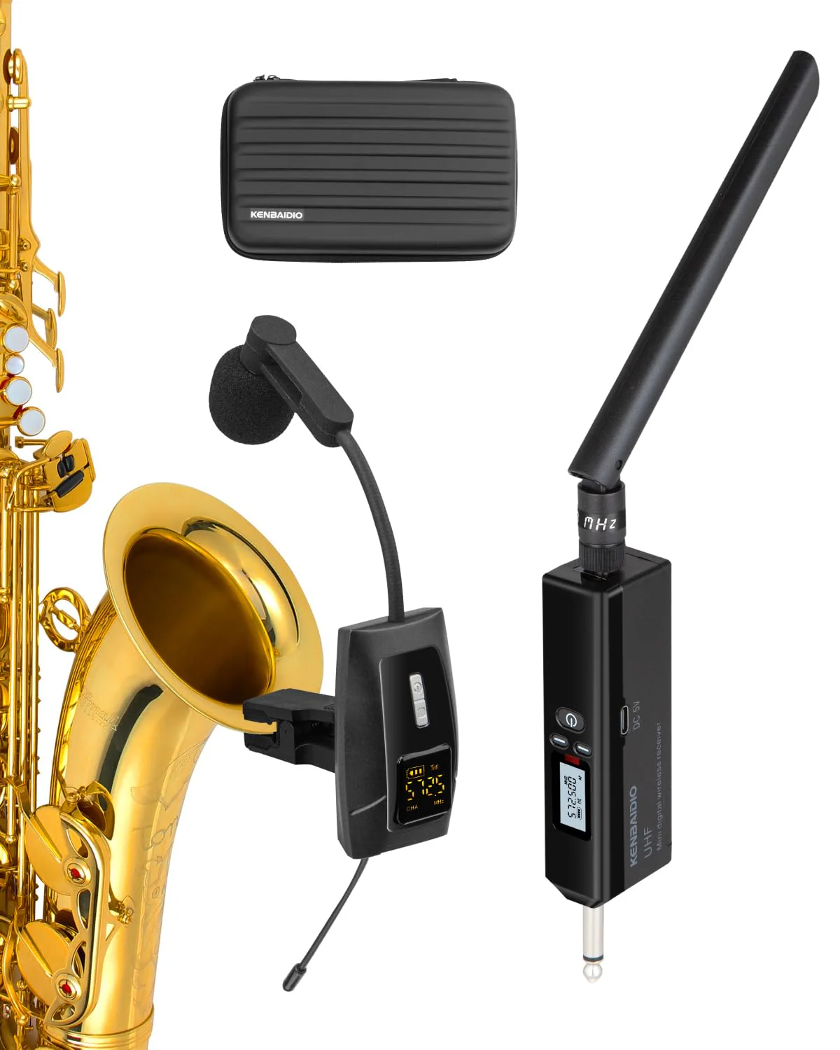 Saxophone Microphone, UHF Rechargeable Wireless Instruments Microphone System with Transmitter and Receiver 196ft Range, Clip on Condenser Mic for Trumpet, Trombone, Saxofon, Most Brass Instruments U-720 Saxophone Microphone