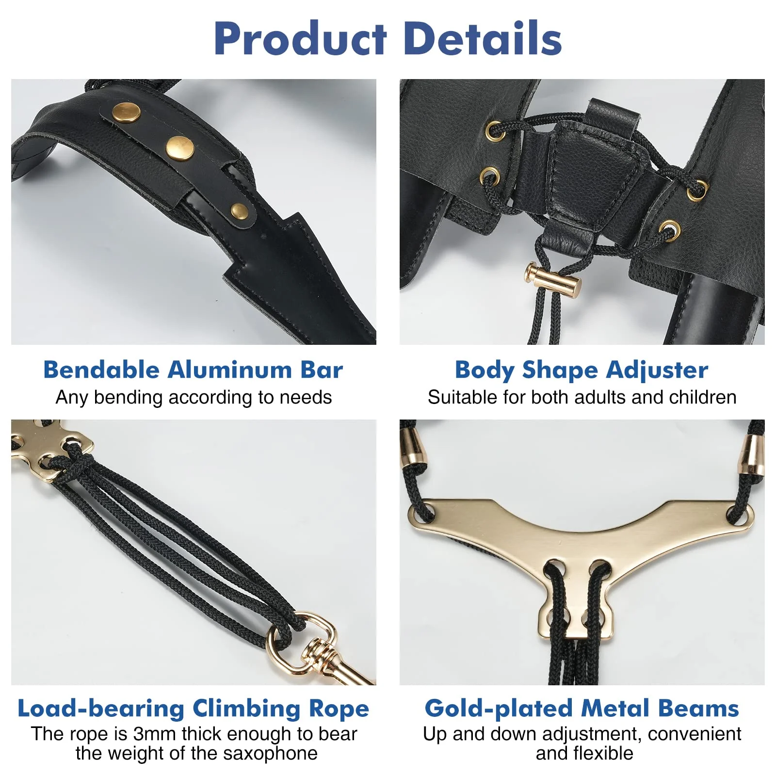 Saxophone Shoulder Strap, Double Shoulder Leather Adjustable Sax Strap with Metal Beam & Sturdy Adjuster, Reduce Neck Stress, Good Comfort, for Alto/Tenor/Baritone/Soprano Saxophone - Image 4