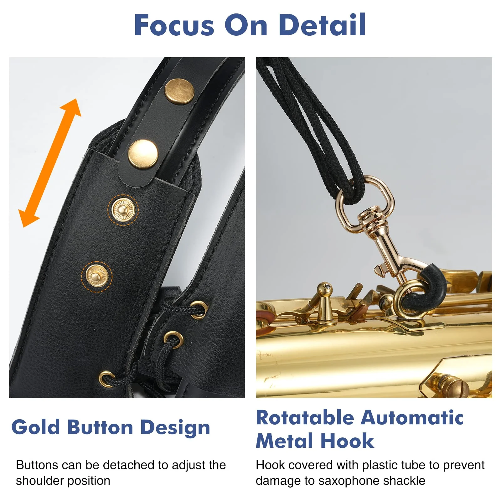Saxophone Shoulder Strap, Double Shoulder Leather Adjustable Sax Strap with Metal Beam & Sturdy Adjuster, Reduce Neck Stress, Good Comfort, for Alto/Tenor/Baritone/Soprano Saxophone - Image 5