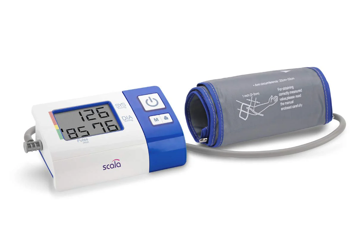 scala SC 7620 blue upper arm blood pressure monitor with compact design for home and on the go. Easy to reliably measure blood pressure independently. M