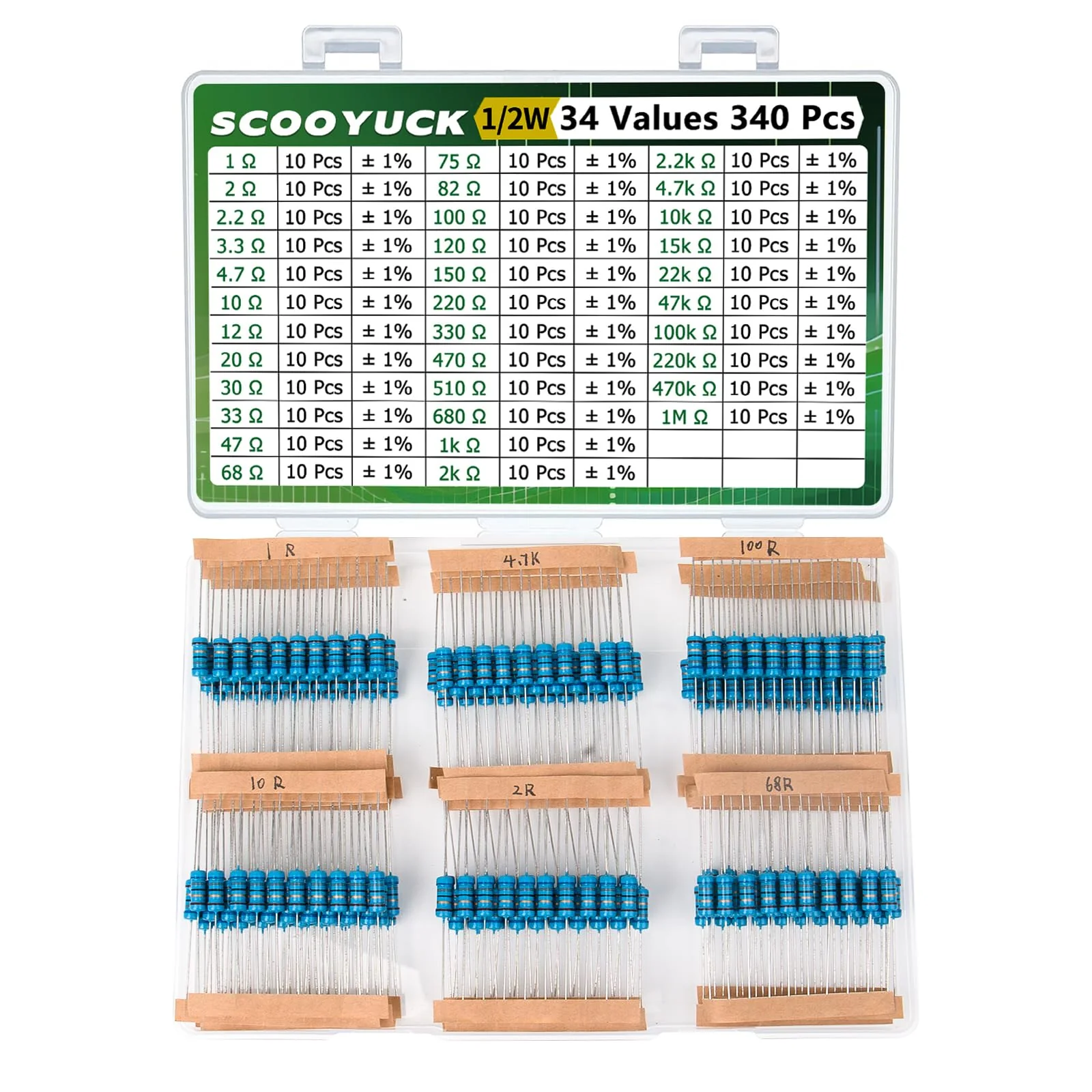 SCOOYUCK Resistance Assortment 1/2W 1 Ohm to 1M ohm 34 Values 340 Pieces Resistors Kit ± 1% Tolerance Resistance Set 1/2 W