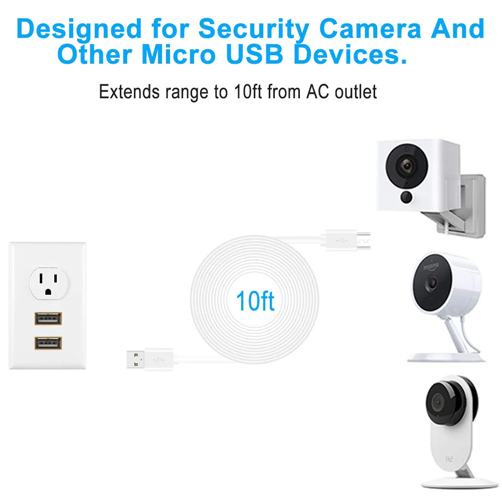 SCOVEE 10FT 3 Pack Power Extension Cable for Wyze Cam v2 v3,WyzeCam Pan,Oculus Go,Yi Camera,Yi Dome Home,Blink Camera,Indoor Nest-Cam,Kasa, Micro USB Charging Extension Cord for wyze v3 1080p Outdoor - Image 2