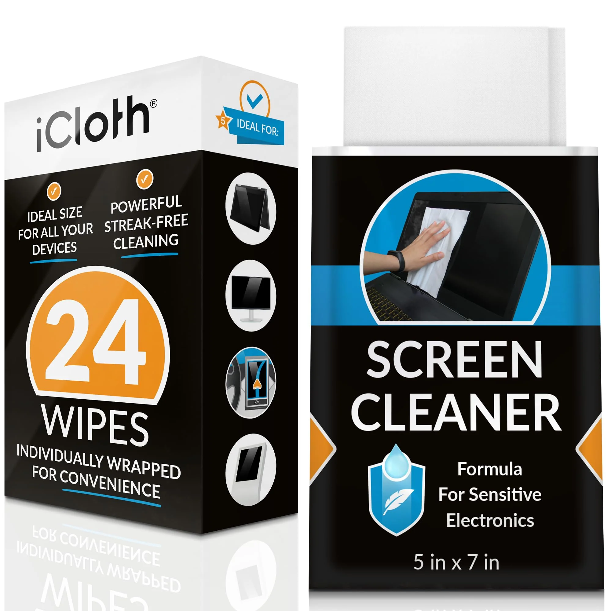 Screen Cleaner Wipes by iCloth – Individually Wrapped – Travel Size – Streak-Free – Clean Your Phone, iPad, Laptop, Computer Screen and More – 24 Wipes (5" x 7") 24 Count (Pack of 1)