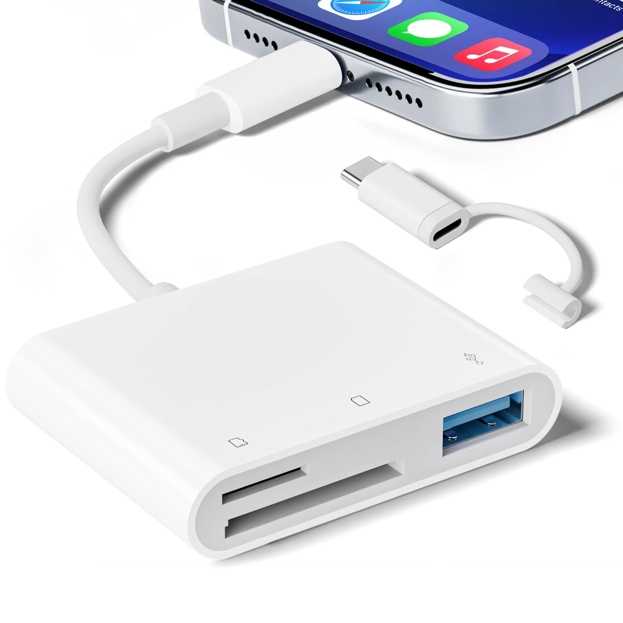 SD Card Reader for iPhone iPad, Micro SD Card Reader Memory Card Reader with USB Adapter Plug and Play Trail Game Camera SD Card Viewer Supports SD and TF Card Micro SD Card Adapter No App Required SD+TF+USB white
