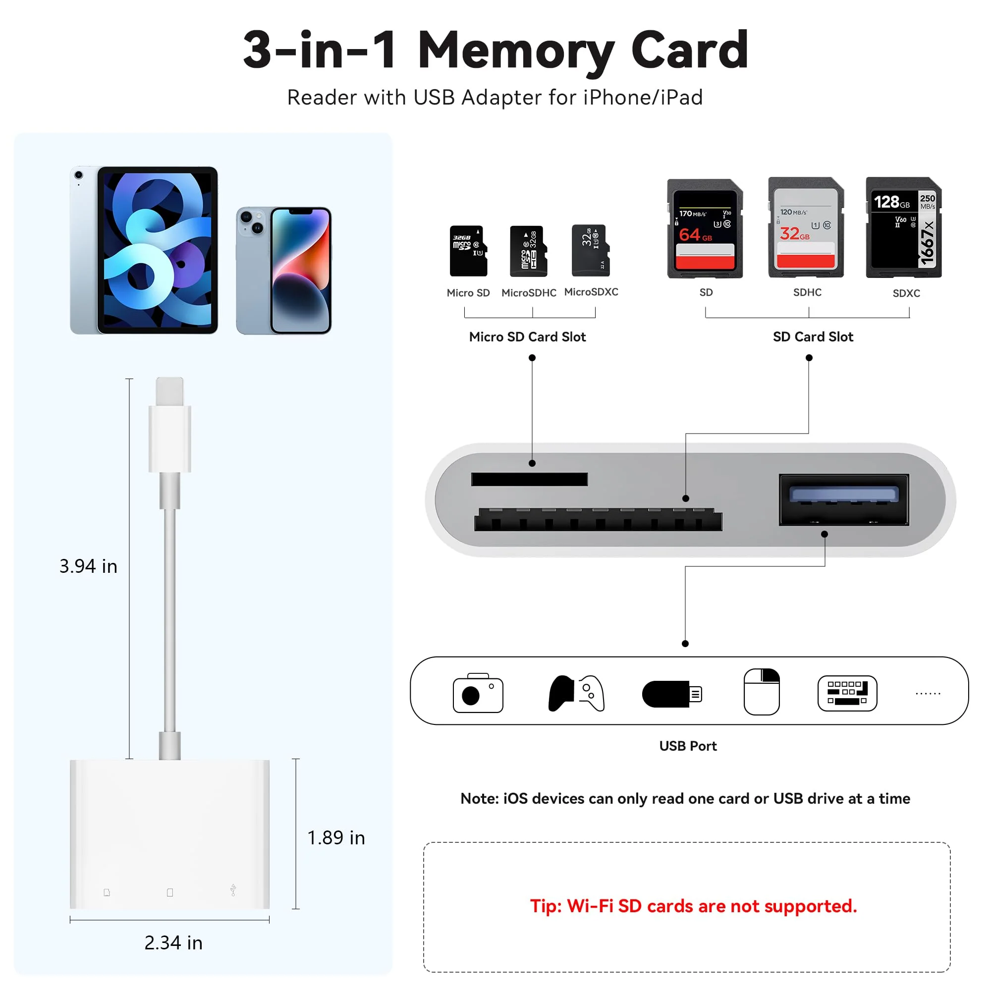 SD Card Reader for iPhone iPad, Micro SD Card Reader Memory Card Reader with USB Adapter Plug and Play Trail Game Camera SD Card Viewer Supports SD and TF Card Micro SD Card Adapter No App Required SD+TF+USB white - Image 3